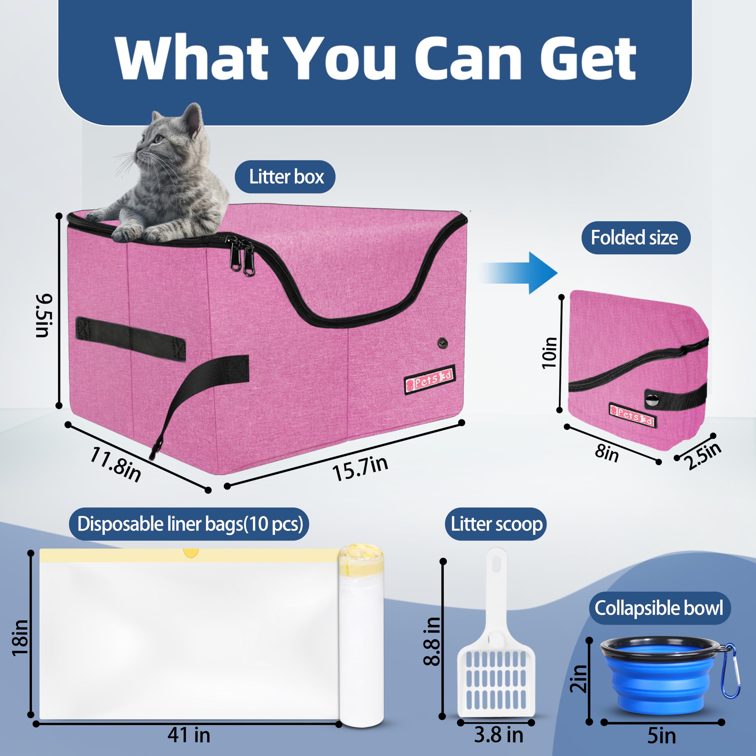 Petskd Portable Travel Litter Box for Cats with Lid and 10 pcs Liner Bags, Light Weight, Leak-Proof and Higher Sides for Road Trips, Hotel Stays, Car Travel(Pink) - image 3
