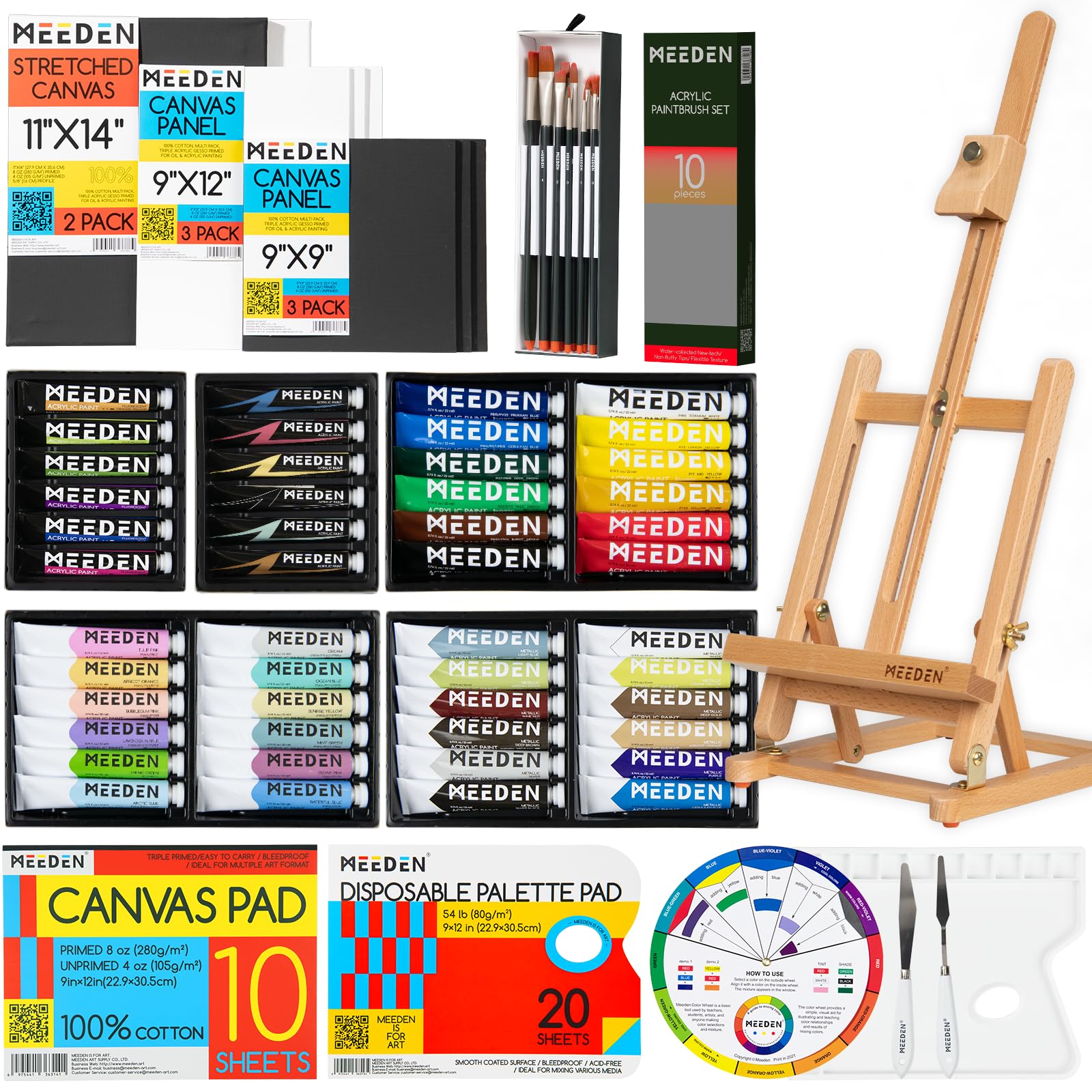 Meeden 71-Piece Acrylic Painting Set - Solid Beech Wood Table Easel, 48×22ML Acrylic Paint Set, Canvas Panels, Acrylic Paintbrush Set, Acrylic Pad, Wood Paint Palette, Gift For Kids & Beginner Artist-image