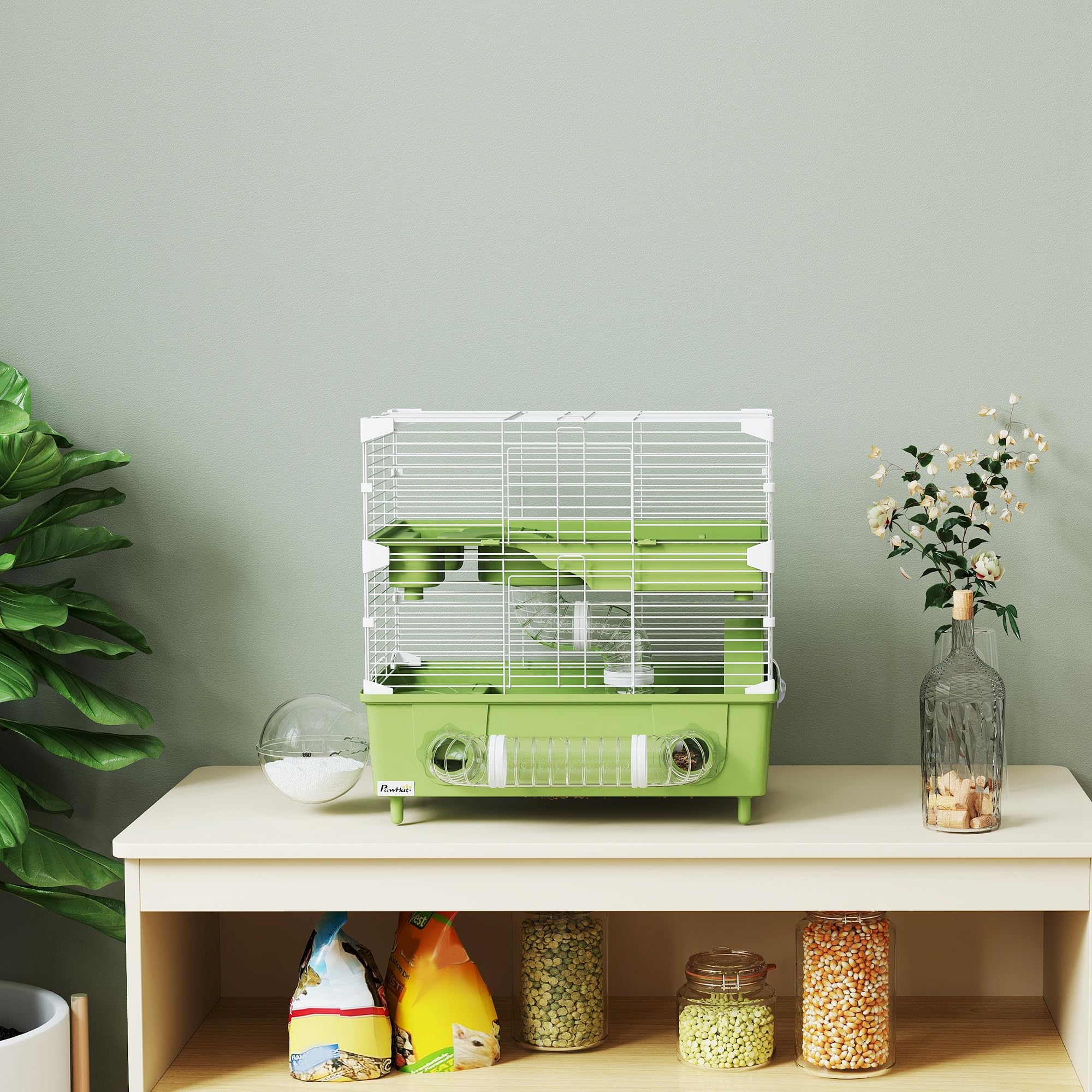 PawHut Gabbietta per Criceto a 2 Livelli e 3 Porte con Ruota Silenziosa, Lettiera e Tubi di Gioco, Gabbia per Animali in Acciaio, PS e PP, 44.5x28x44 cm, Verde e Bianco