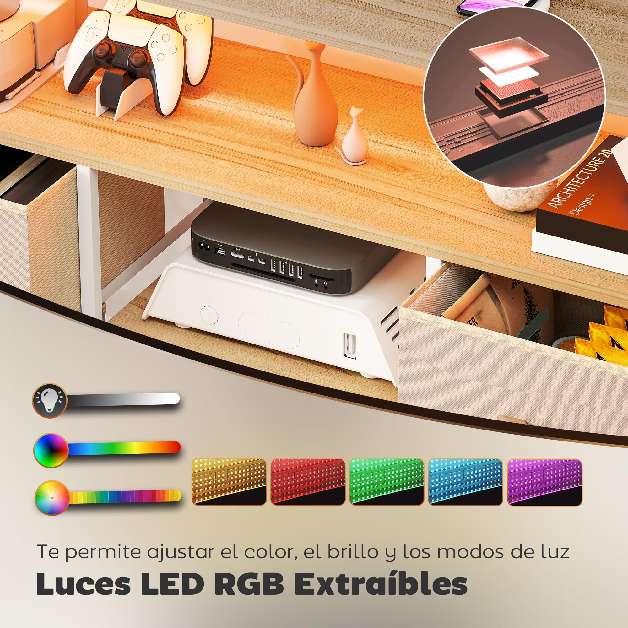 HOMCOM Mueble de TV con Luz LED Enchufes hasta 50 Pulgadas Beige y Natural | Mesa de TV para Salón, Puertos USB, Estantes Abiertos, 4 Cajones de Tela Plegables y Bolsillo