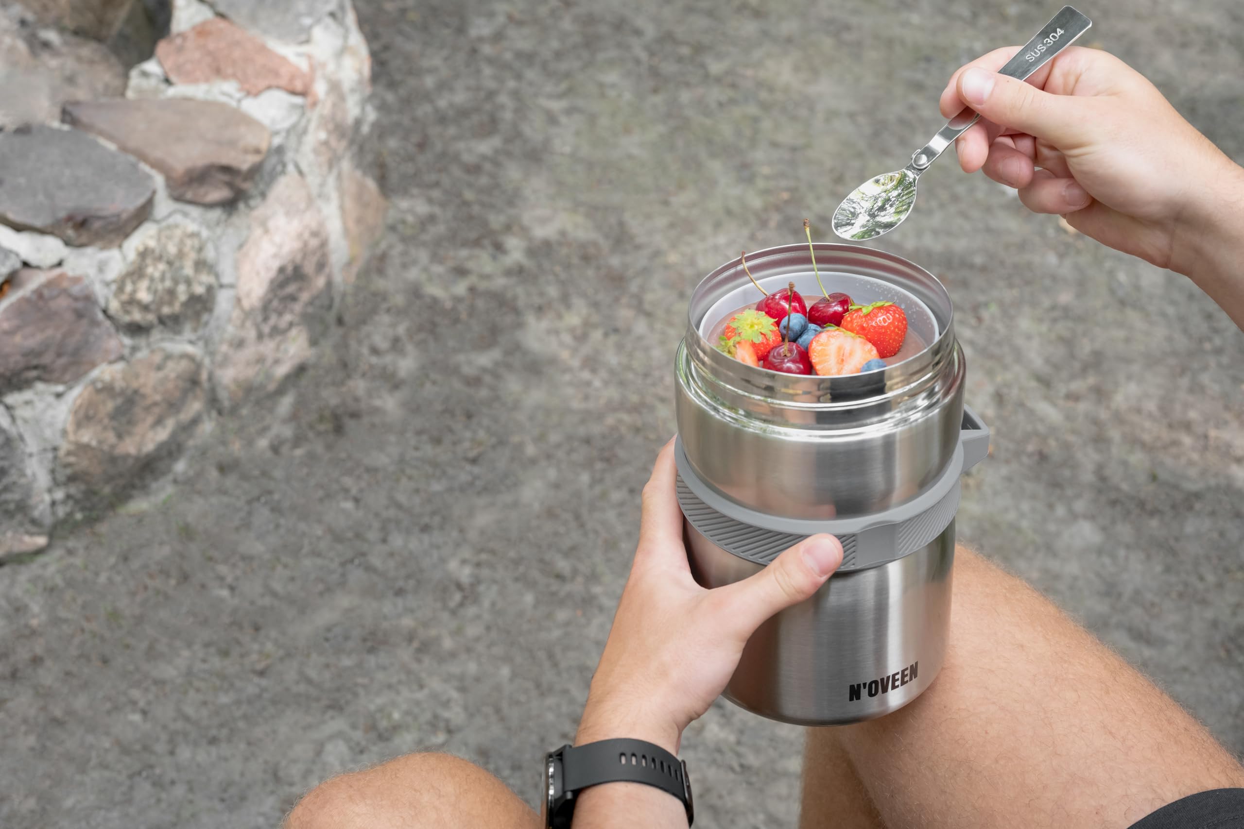 N'OVEEN TB961 Thermobehälter für Essen, Edelstahl Isolierbehälter mit Löffel, Thermoskanne Silber
