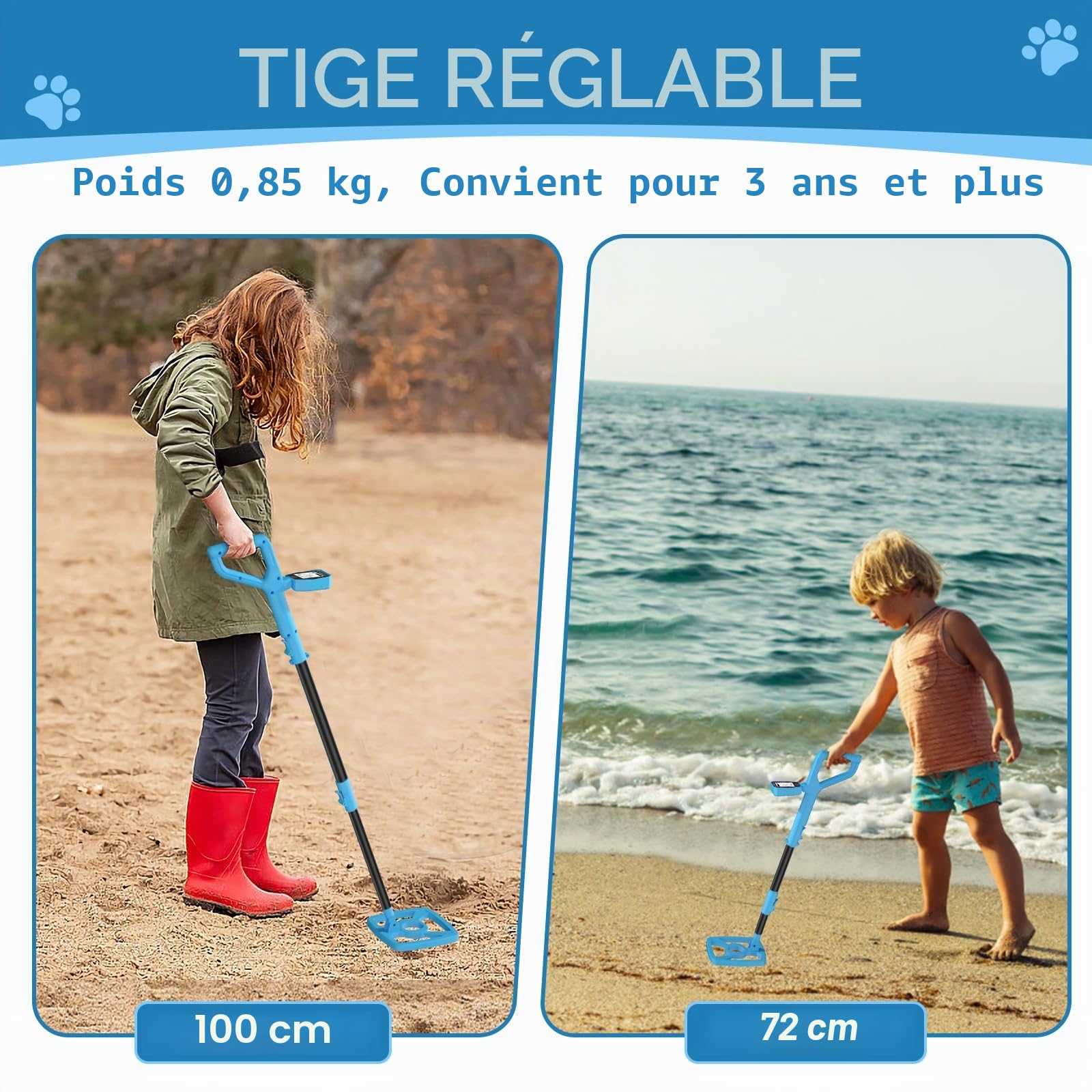 【Type-C】 OMMO Détecteur de Métaux Enfants, 72-100cm Réglable Détecteur de Métaux Rechargeable avec Écran LCD, Haute Sensibilité, IP67 Étanche pour Exploration en Plein Air, Recherche de Métaux (Bleu)