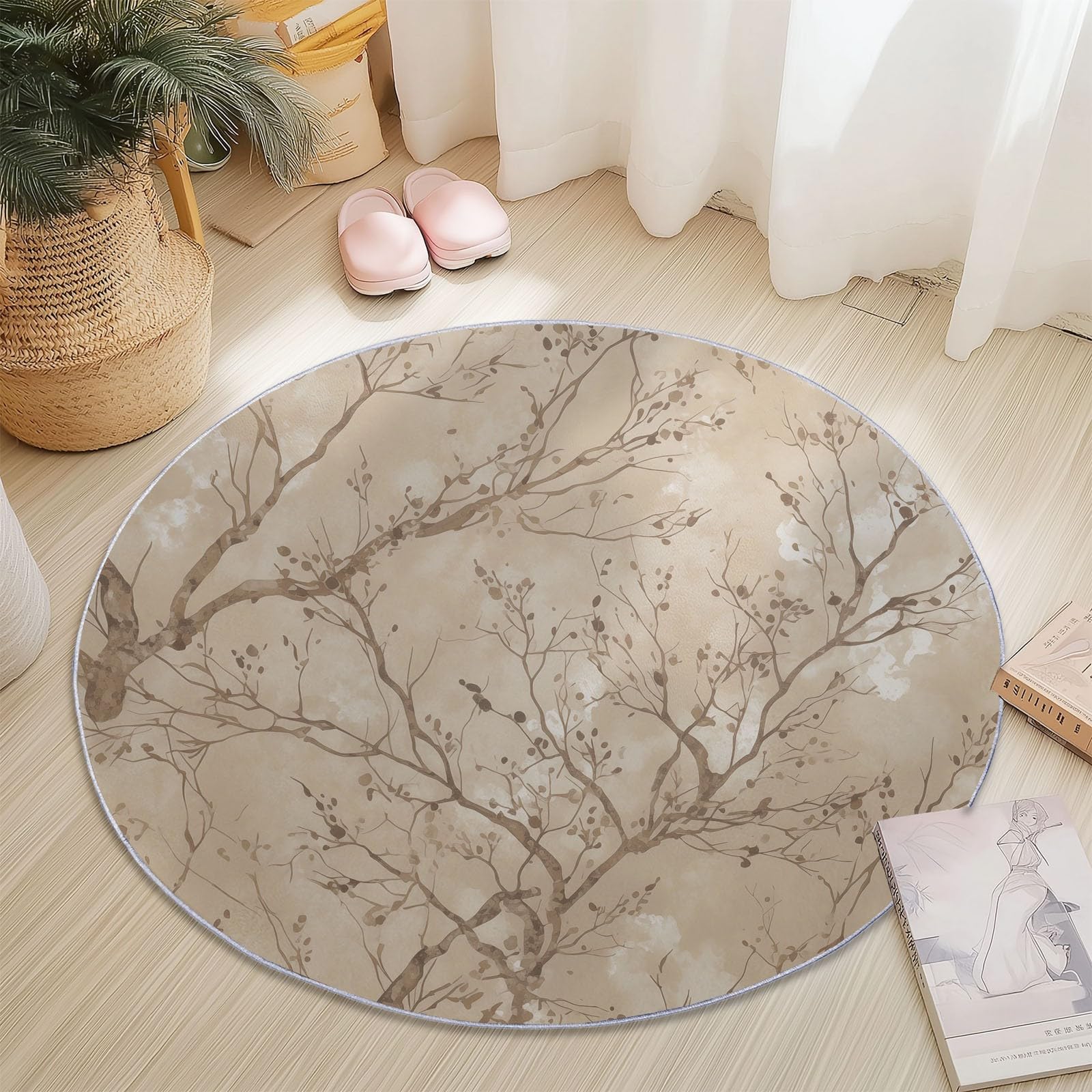 Tapis salon rond imprimé lavable 180cm salle à manger brun