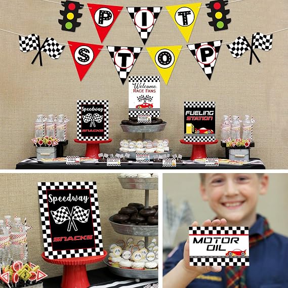 Bessmoso Race Car Bar Decorations Racing Car Birthday Kit Pit Stop Banner