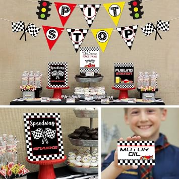 Bessmoso Race Car Bar Decorations Racing Car Birthday Kit Pit Stop Banner