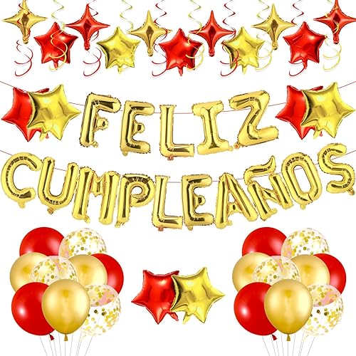 Miniatura 1 de Globos de Feliz Cumpleaños para decoración de fiesta, pancarta española de feliz cumpleaños, globos de cumpleaños dorados y rojos, decoración para