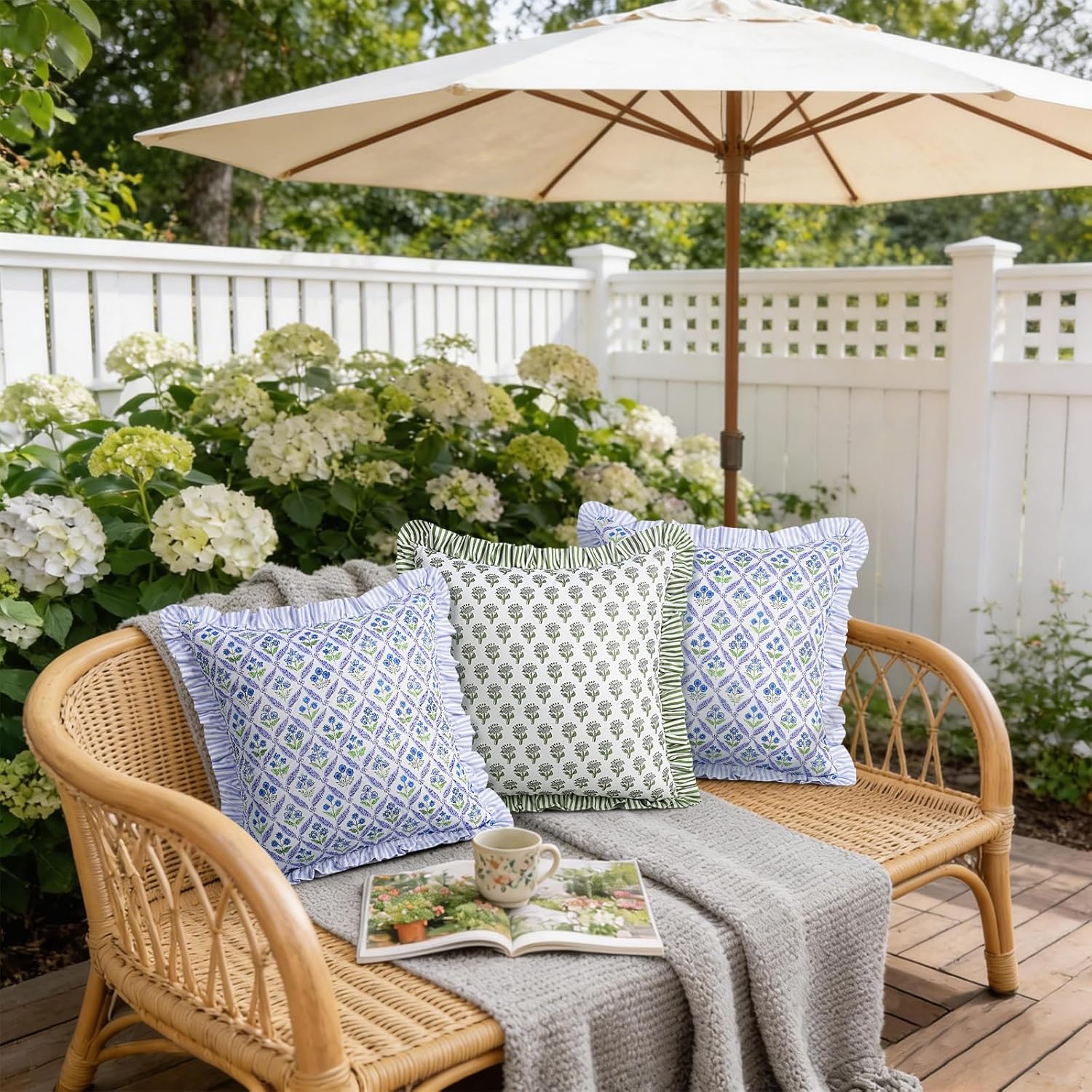 cygnus Blue Green Floral Outdoor Pillow Covers 18x18 Inch Waterproof Ruffle Decorative Spring Summer Throw Pillow Covers for Couch Patio Furniture Garden Bench Porch Outdoor Decor, Set of 2