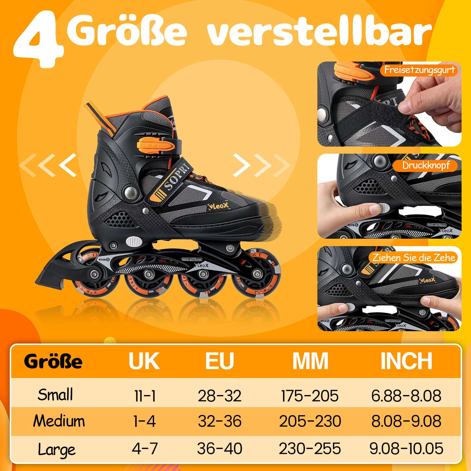 Inline Skates Kinder Verstellbar für Mädchen Jungen, 4 Größen Kinder Inline Roller Skates mit Beleuchteten, Rollschuhe inliner Skates für Anfänger