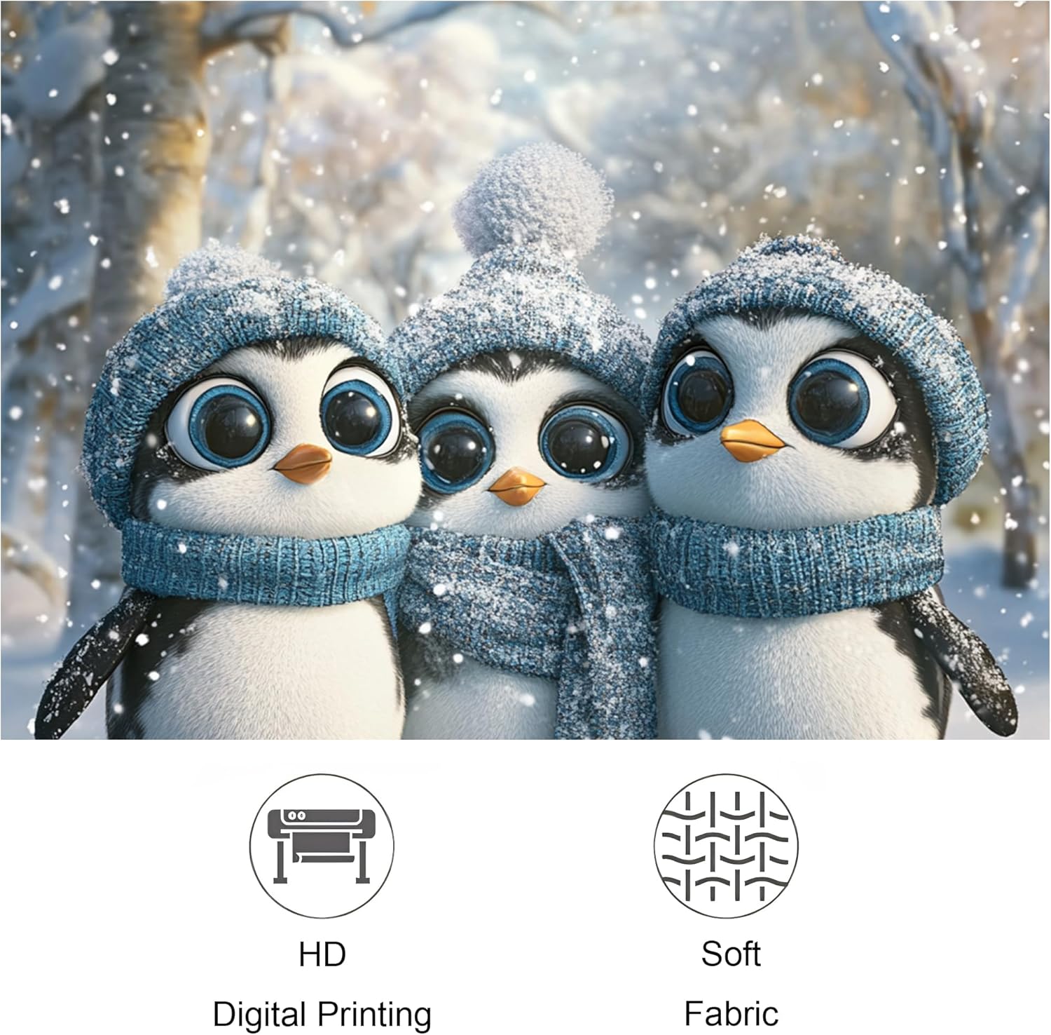 3PCS Kid Fun Penguin Bathroom Accessory Set with Two Non-Slip Washable Bath Rugs (16x24&20x32), Winter Anime Animal Bathroom Mat Decorative-72''x72'''