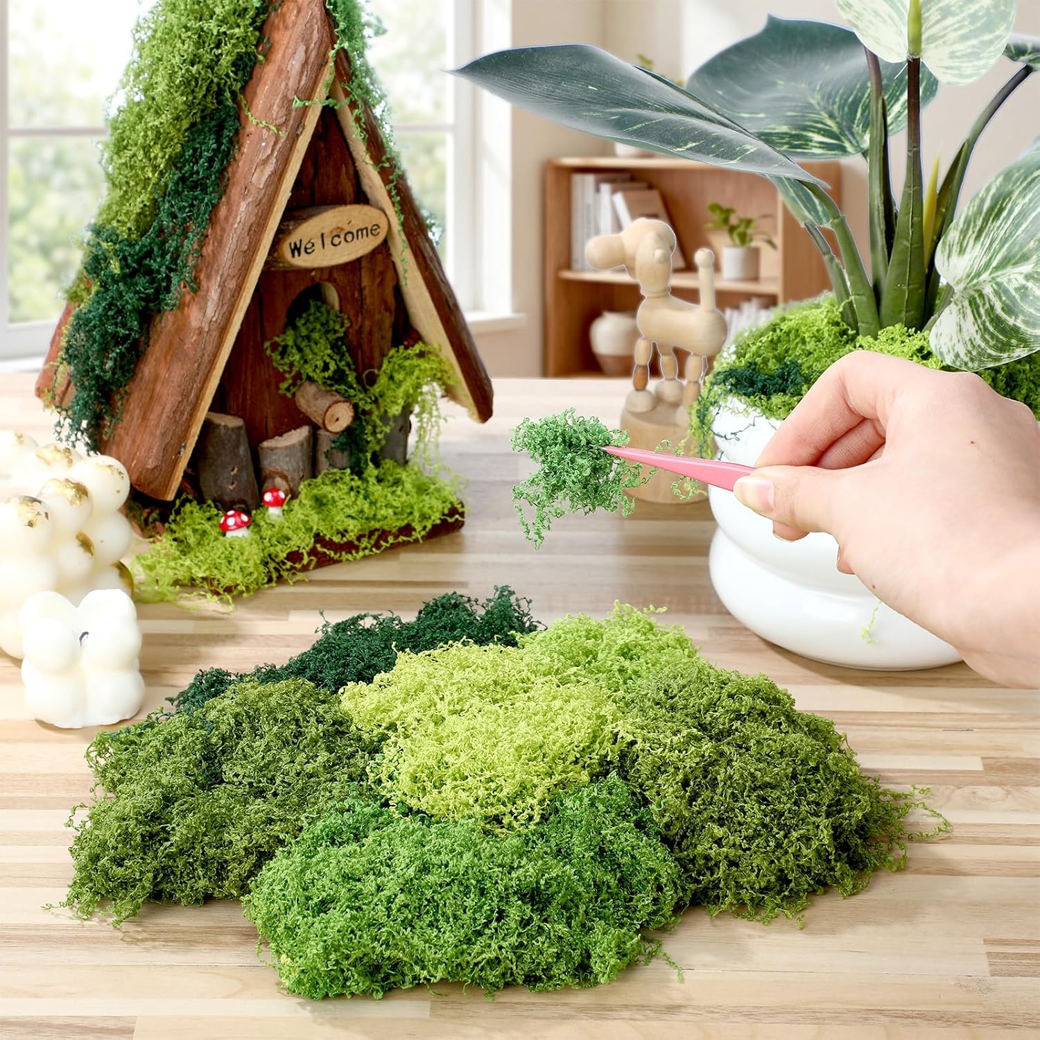 Suncalla 6 Colors Artificial Moss for Crafts 43.32oz/2.7lb Fake Green Moss Faux Grass for Potted Plants Indoor Bulk Large Capacity Fairy Garden DIY Decoration Model Making Walls Table Decors Home