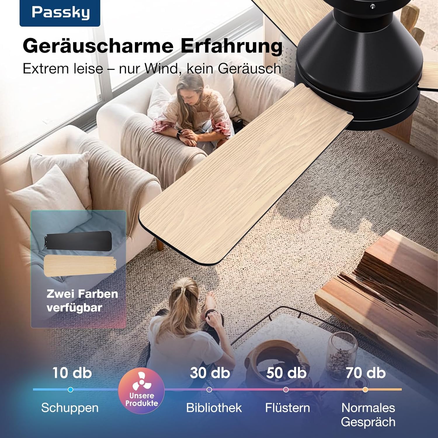 Passky Deckenventilator mit Beleuchtung Fernbedienung107cm Schwarz | 3 Flügeln LED Leiser DC-Motor Timer 3 Farbtemperaturen 6 Geschwindigkeiten Umkehrbar Sommer Winter Wohnzimmer Schlafzimmer