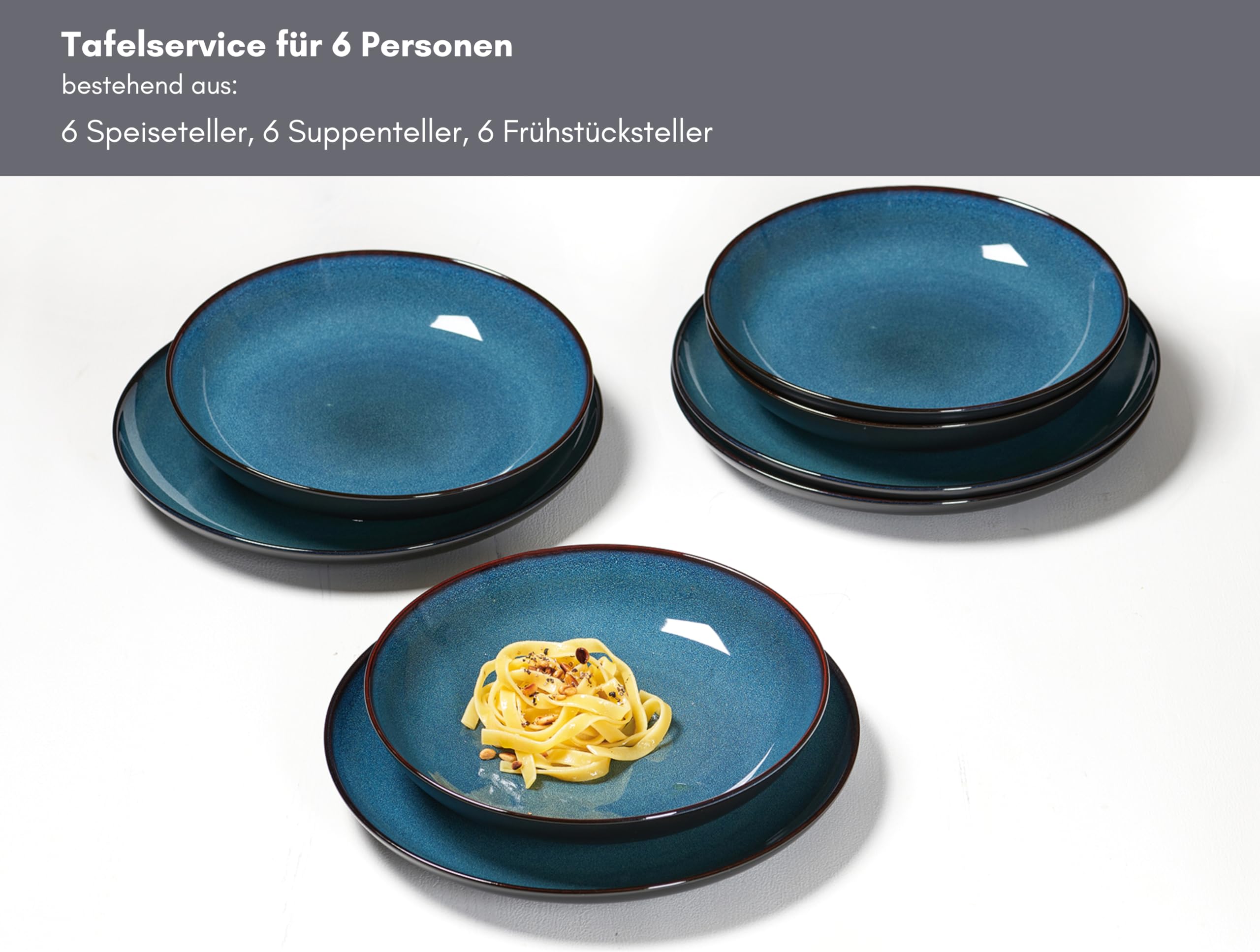 Ritzenhoff & Breker Bali Teller-Set 18-teilig, Kombiservice mit Farbverläufen, Je 6x Speise- / Suppen- und Dessertteller, Skandinavisches Design mit Reaktivglasur, Steinzeug, Blau