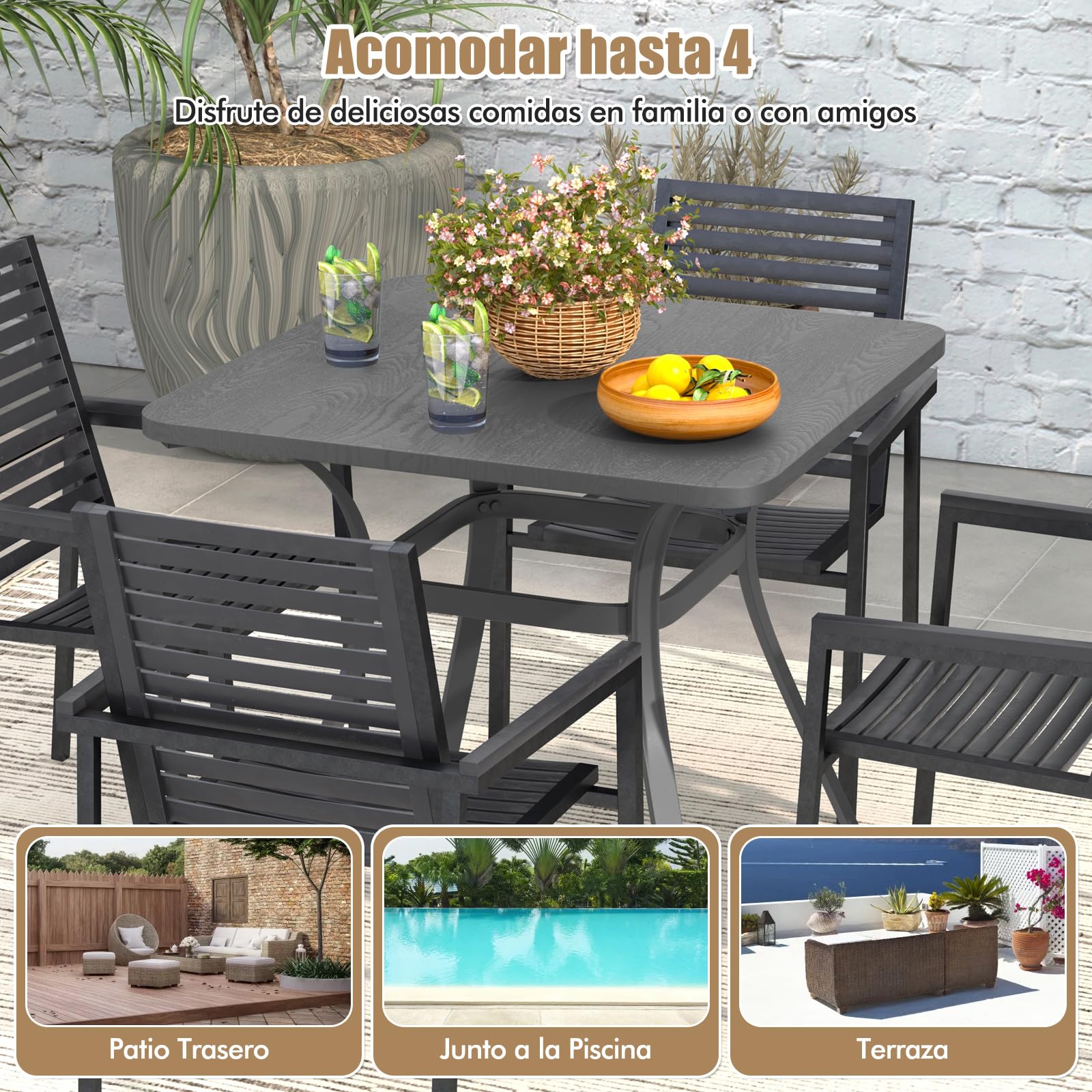 COSTWAY Mesa Jardín Exterior 80X79 CM, Cuadrada para 4, Patas Curvas, Estructura de Metal, Terraza Balcón, Gris