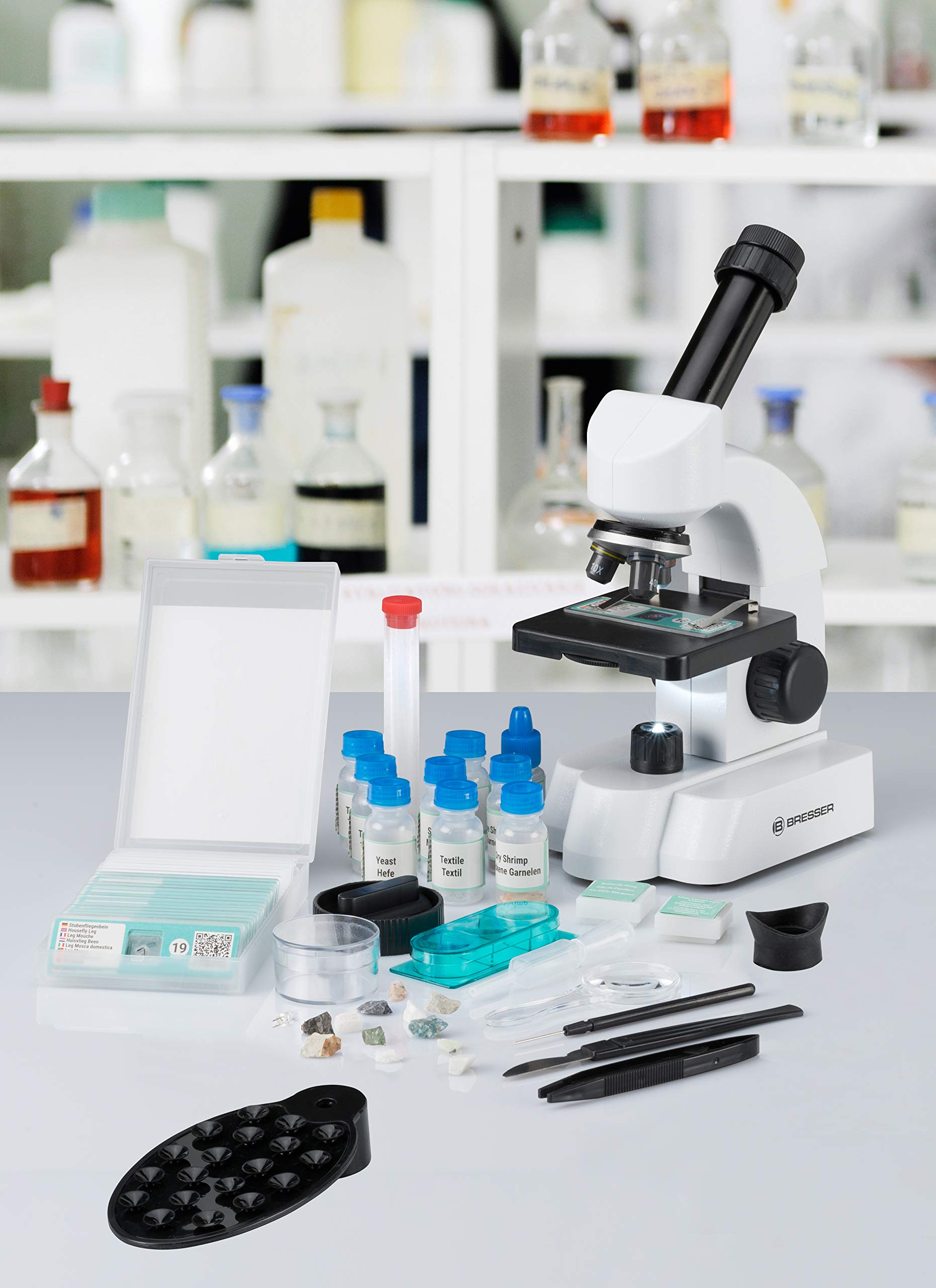 Bresser Microscopio 40-640x con Amplio Juego de experimentos y muestras Inteligentes con código QR, Blanco