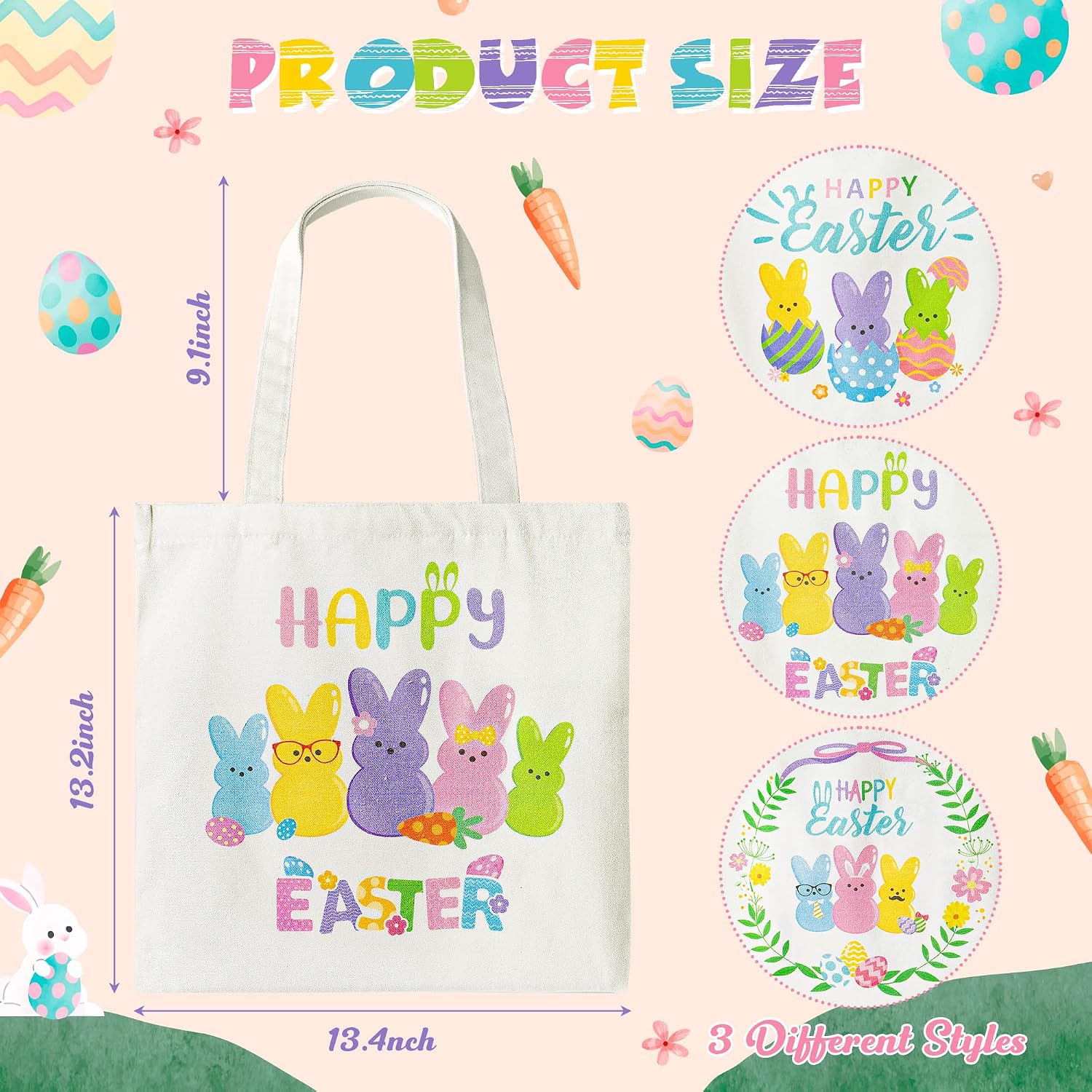 Zainpe 3Pcs Easter Gift Canvas Bags Egg Bunny Tote Treat Bags with Handle for Kids, Reusable Large Capacity Handbag Happy Easter Baskets Trick Handbags Spring Party Favor Supplies