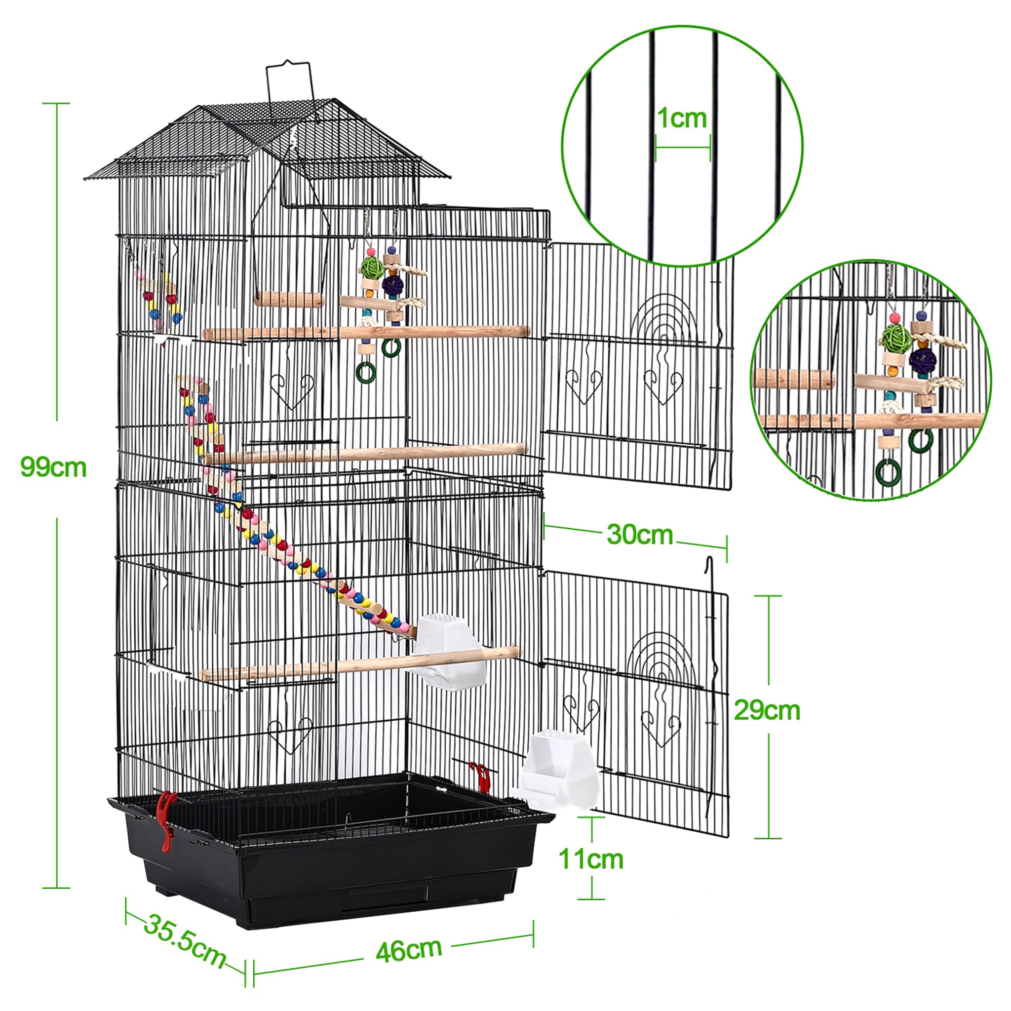 SUBTELTY Metall Vogelkäfige Wellensittich Käfig mit Spielzeuge & Ausruhen Holzstab Nymphensittiche Vogelbauer 46x35.5x99cm Tragbare Vogelvoliere mit Futtertrog & Herausnehmbares Tablett für Ziervögel