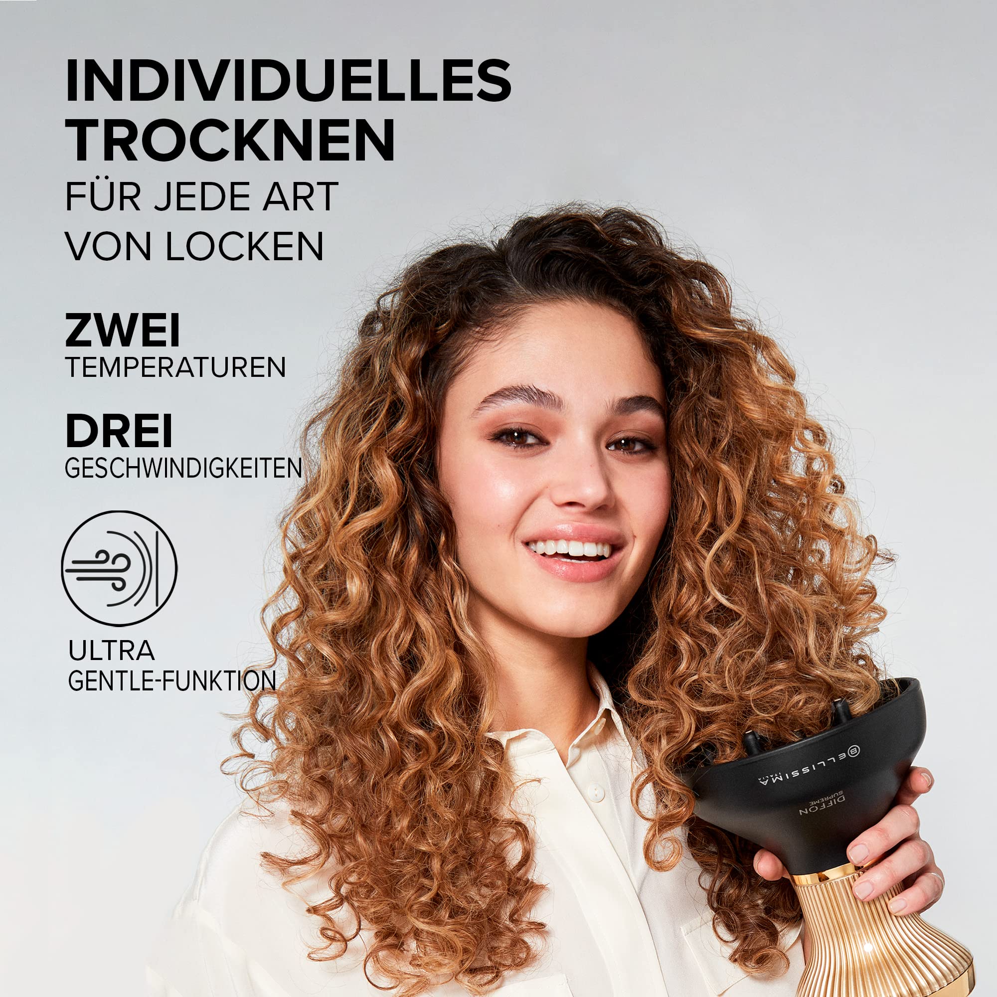 Bellissima Diffon Supreme, Heißluftdiffusor für lockiges Haar, XL Diffuser mit 12 Finger, Ceramic Technology & ArganOil, 2 Geschwindigkeiten, 3 Temperaturen, Ionisator, schonend trocknend