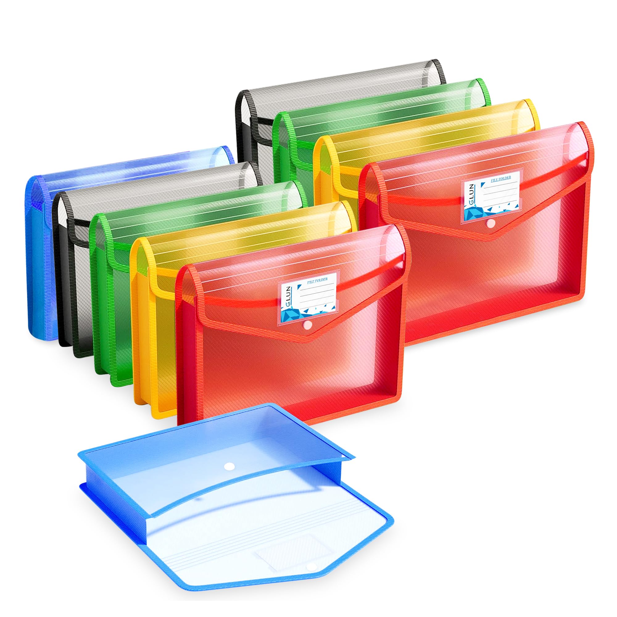 GLUN® Pack of 10 Multicolour Translucent File Folder Snap Button Locking System, A4 Carry Bag with Strong Stitch, Strong Borders with Poly Cloth, Documents File Storage Bag