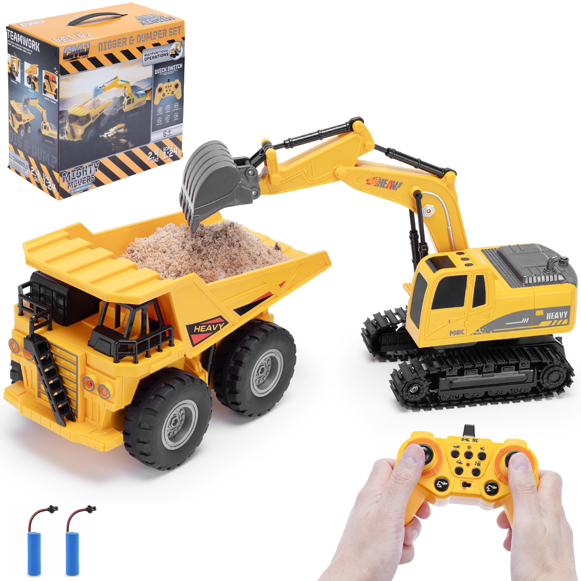 RC Bagger und Muldenkipper Set, Doppelpack Ferngesteuerter Bagger und Muldenkipper, Maßstab 1:24, 11 Kanäle, 2,4 GHz, Batterien enthalten