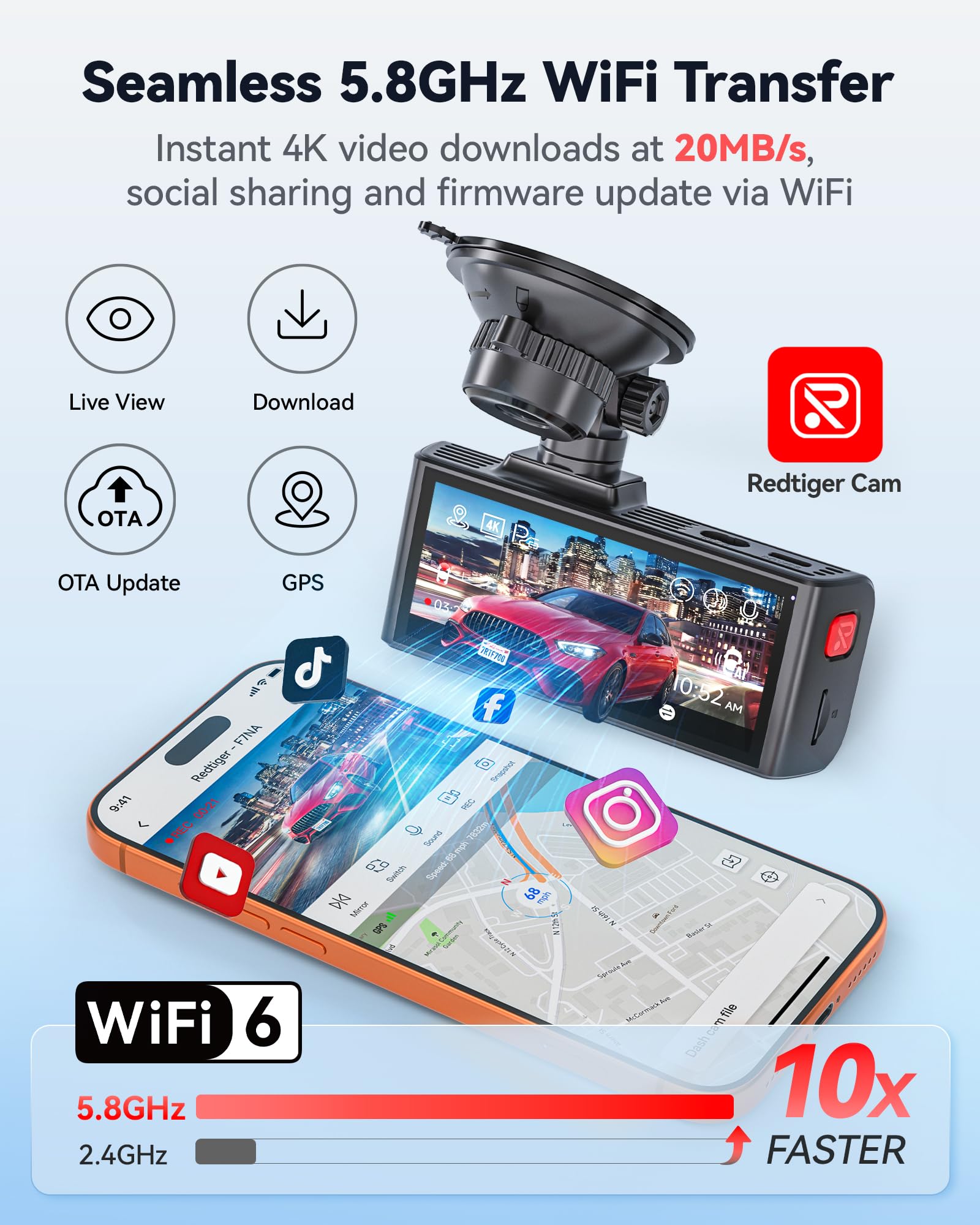 REDTIGER Dashcam Auto 4K Anteriore/Posteriore, STARVIS 2 IMX678 8MP, WiFi 5GHz, GPS, Controllo Vocale, Visione Notturna HDR, Parcheggio 24H, Senza SD, Fino A 512GB (F7NA)