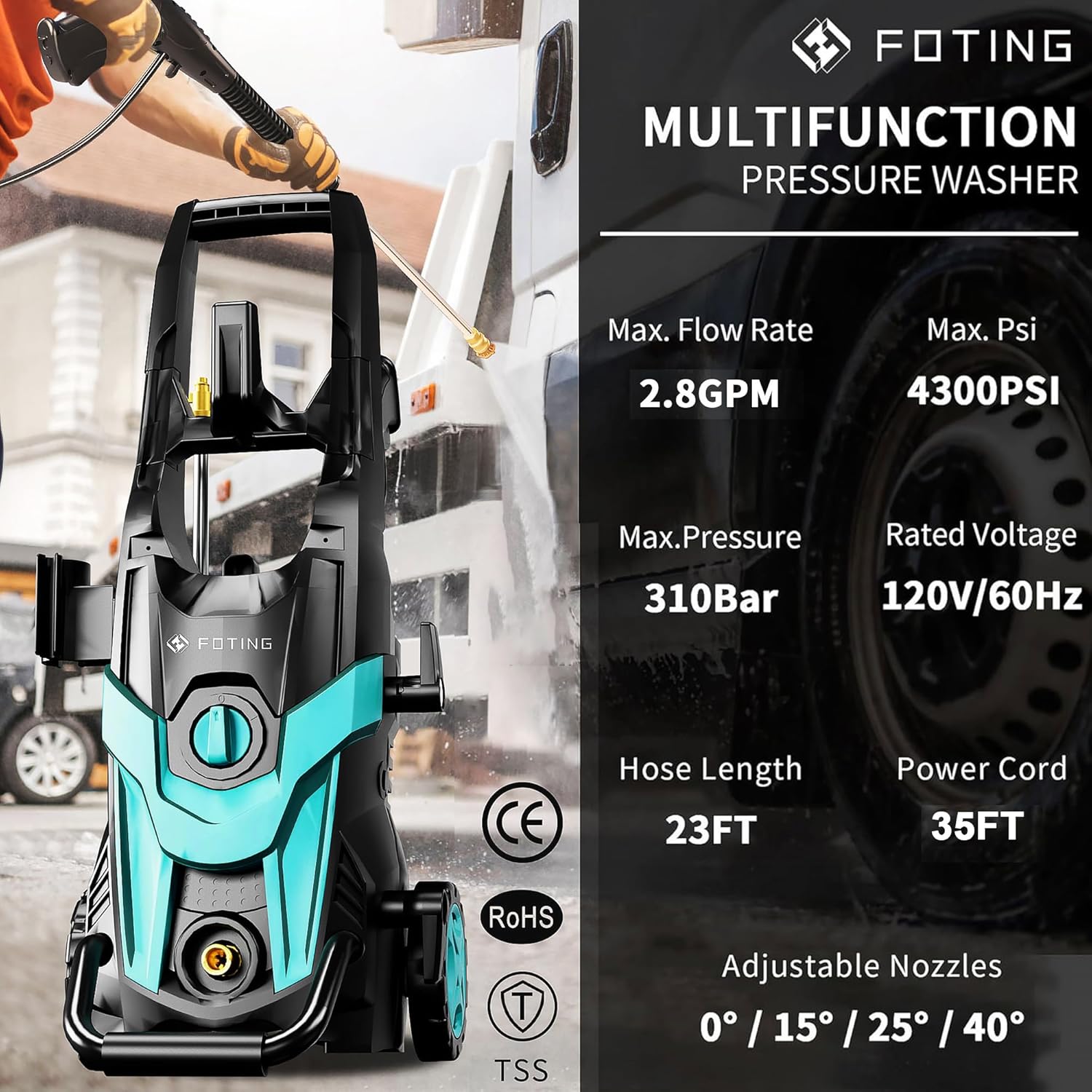 High Pressure Washer 4300PSI with 4 Quick Connect Nozzles, Inlet Hose & Filter& Foam Cannon for Cars/Fences/Driveways/Home Cleaning, Blue