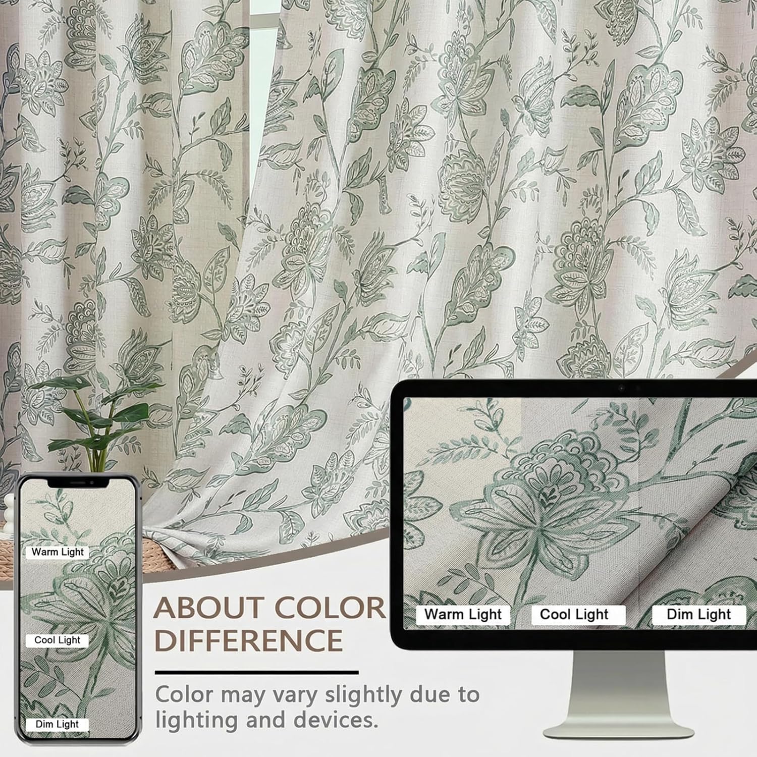 Floral Window Curtains 96 Inches Long - Faux Linen Texture Farmhouse Rustic Printed Curtains for Living Room, Vintage Window Treatment for Bedroom, 2 Panels, Each 40Wx96L, Sage Green