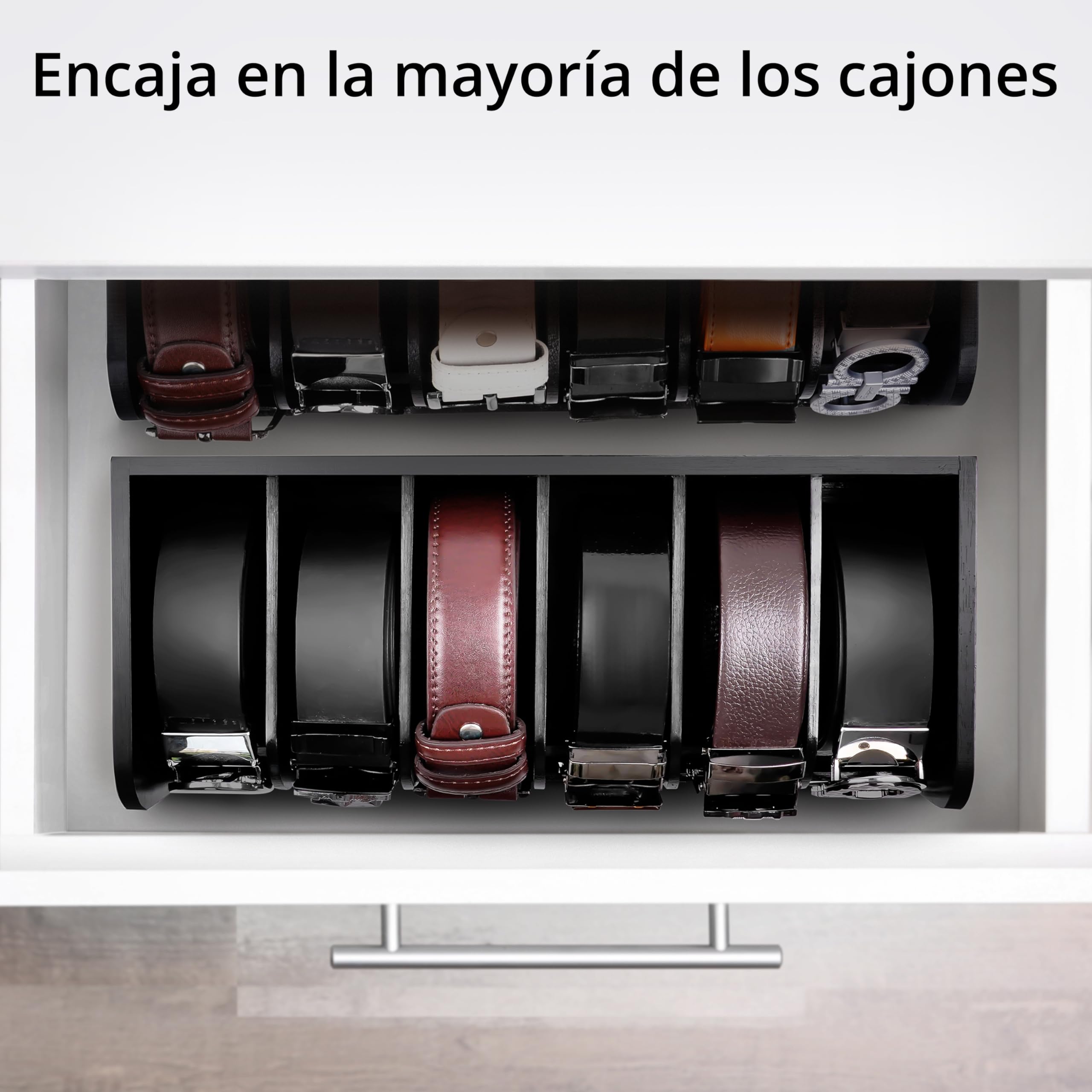 Winter Shore Caja Organizadora para Cinturones Negra - Organizador Cinturones de Madera de Bambú Oscuro de 6 Rejillas - Organizador de Armario Estuche Contenedor Natural Relojes Hombres y Mujeres
