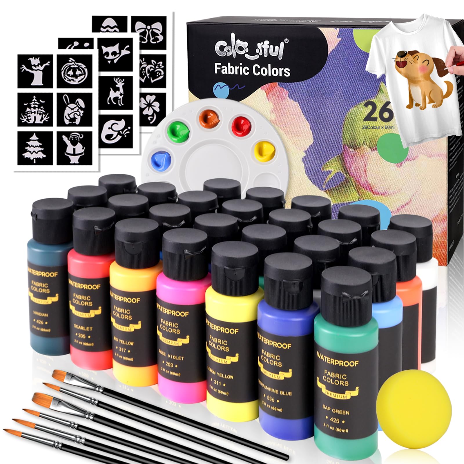 Colorful Fabric Paint Set for Clothes, with 6 Brushes,1 Palette, 26 Colors Permanent Child Safe & Non- Toxic Fabric Paint Kit for T-Shirt, Bags and Cloth Shoes