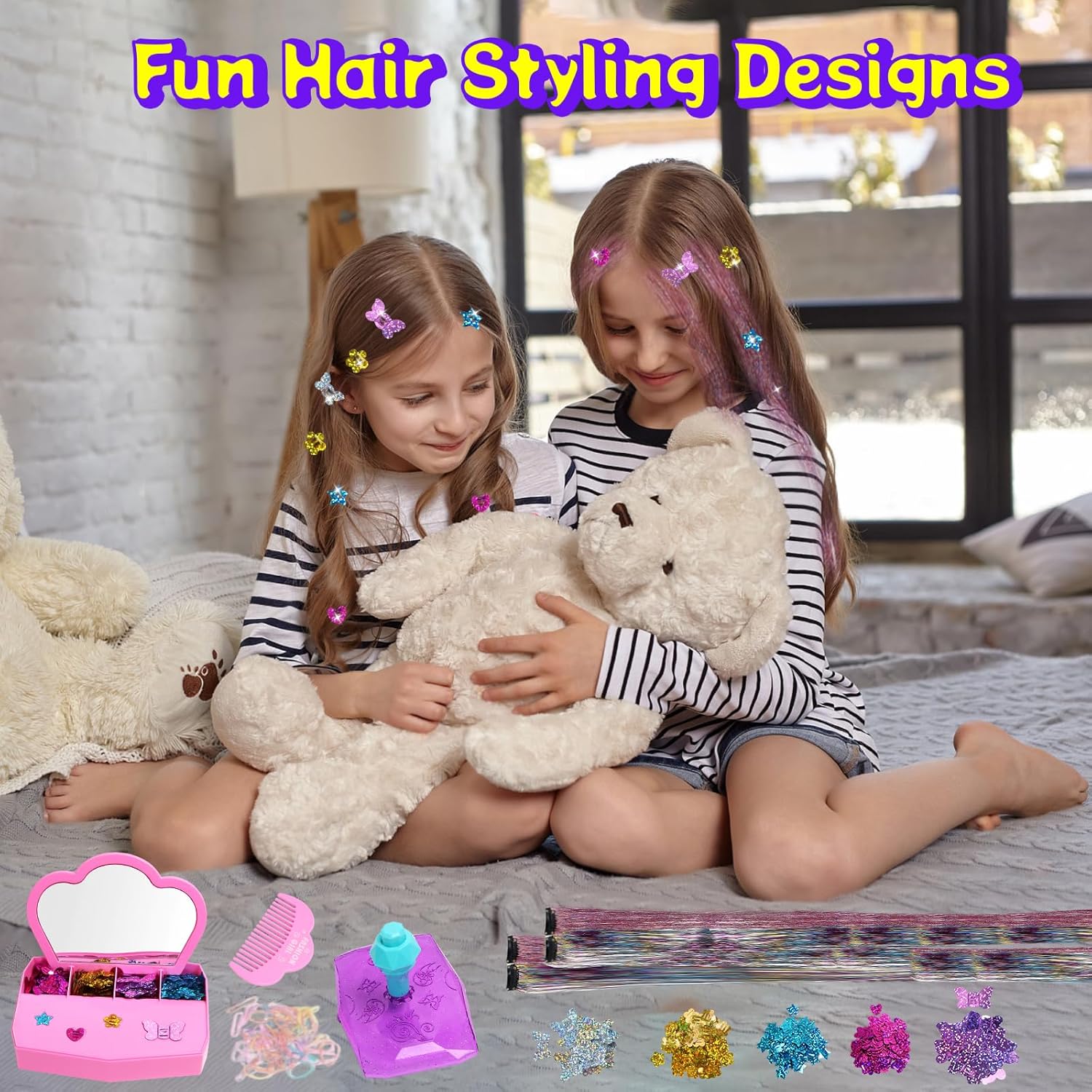 AOSITE Hair Gem Stamper, Girls Hair Bedazzler Kit with Hair Glitter Patch, 10 Pack Hair Jewel Stamper for Girls Toy, Hair Design Art Crafts Gift Ages 6-12, Reusable Hair Styling Tool