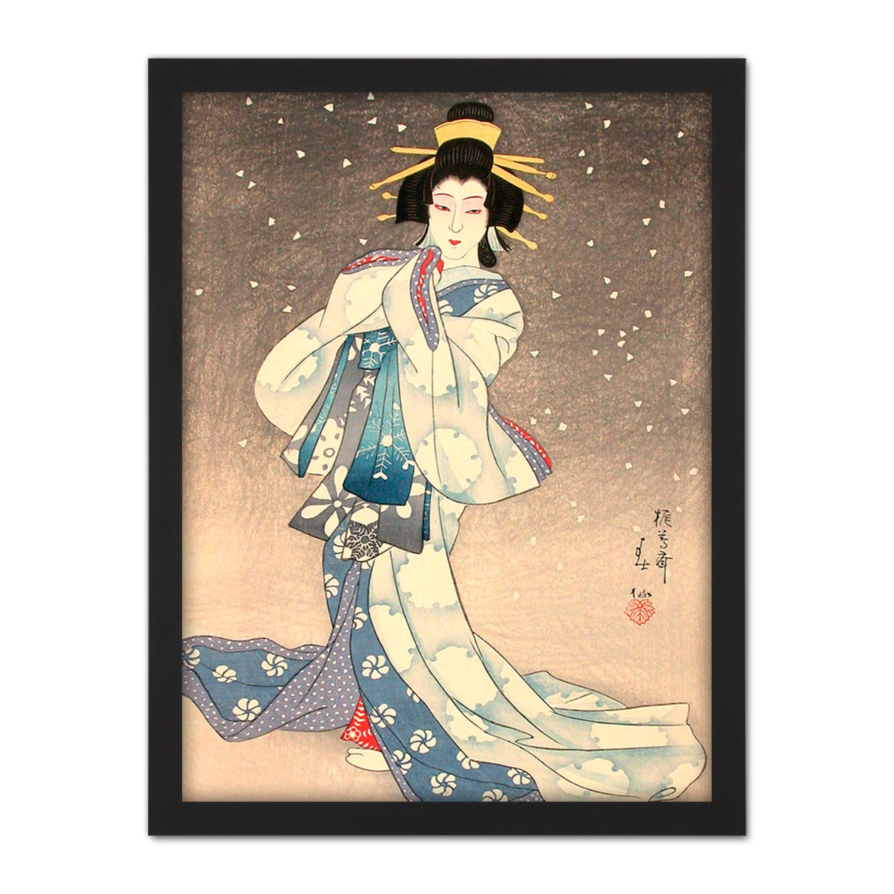 Wee Blue Coo Natori Shunsen Japanese Kabuki Theatre Geisha Artwork Framed Wall Art Print 18X24 Inch