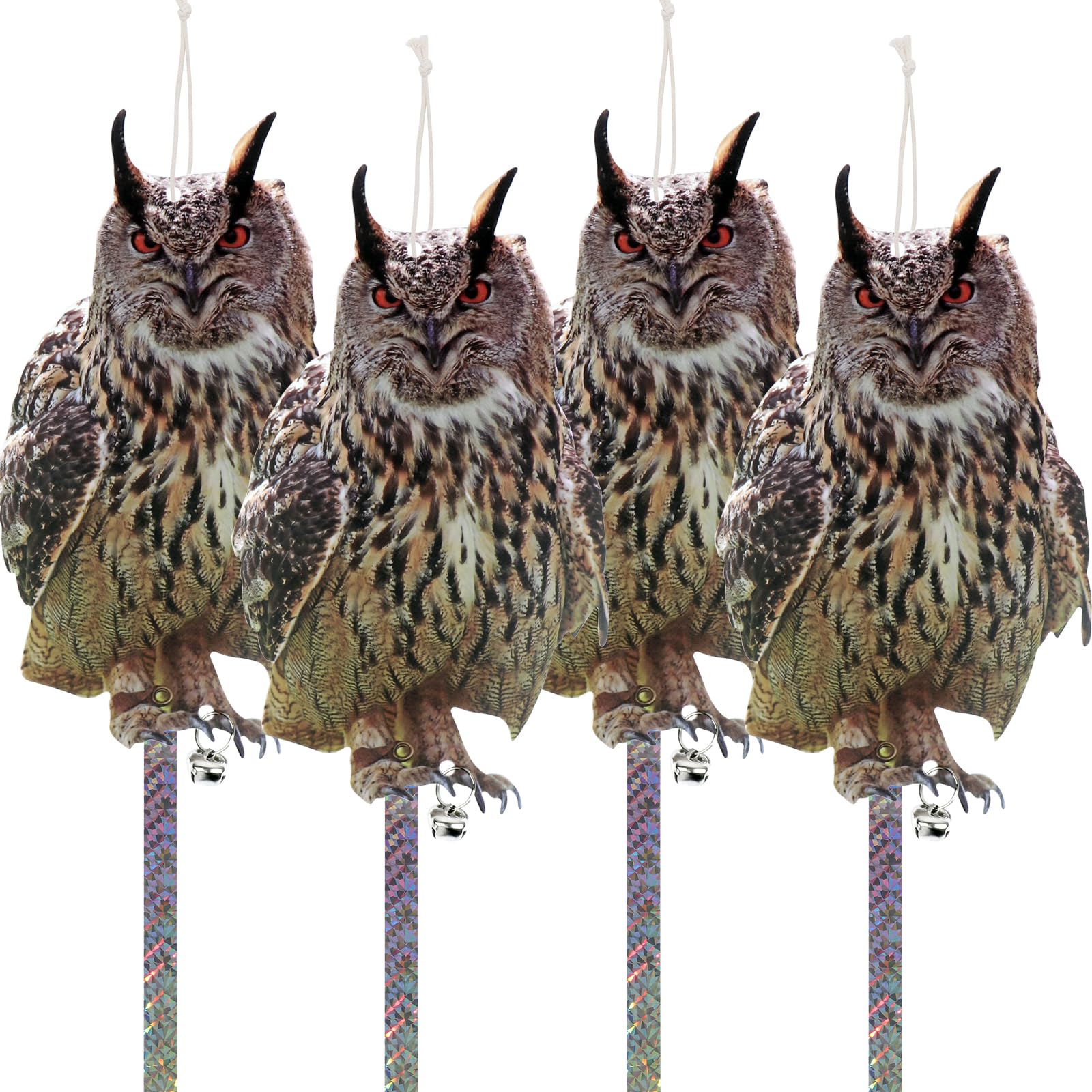 4Pcs Fake Owl Hanging Decoration, Reflective Bird Scare for Garden Patio, Plastic Owl Deterrent with Reflective Tape to Scare Birds Away for Windows Tree