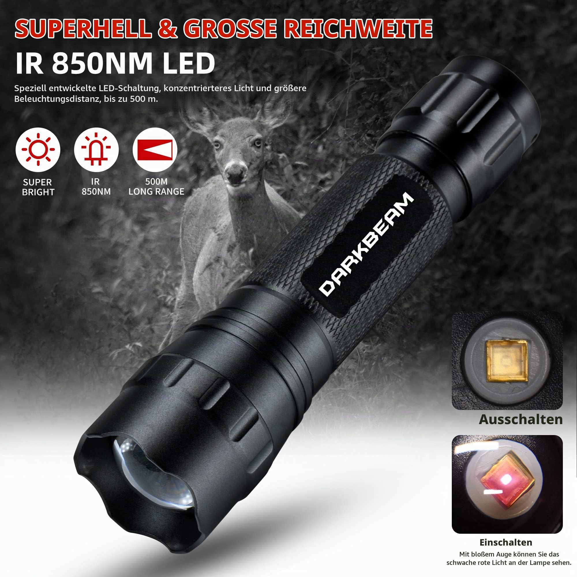 DARKBEAM Infrarot-Taschenlampe nachtsicht 850nm LED-Infrarot-Licht 10W | Arbeit für Nachtsichtgeräte, Zoombare Unsichtbare IR-Strahler Wiederaufladbare für Fotografieren, Camping, mit Akku & Clip