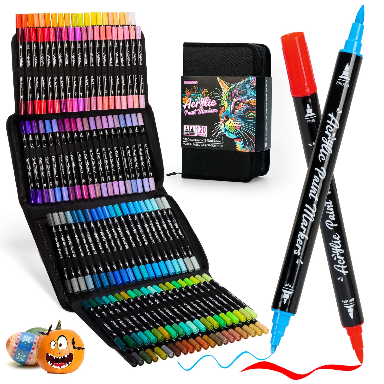 Acrylfarben-Marker, 120 Farben, Doppelspitze, Acrylstifte mit Pinsel und feiner Spitze für Steinmalerei, Glas, Holz, Keramik, Leinwand, Stein, lebendige Farben, ideal für Künstler, Bastler