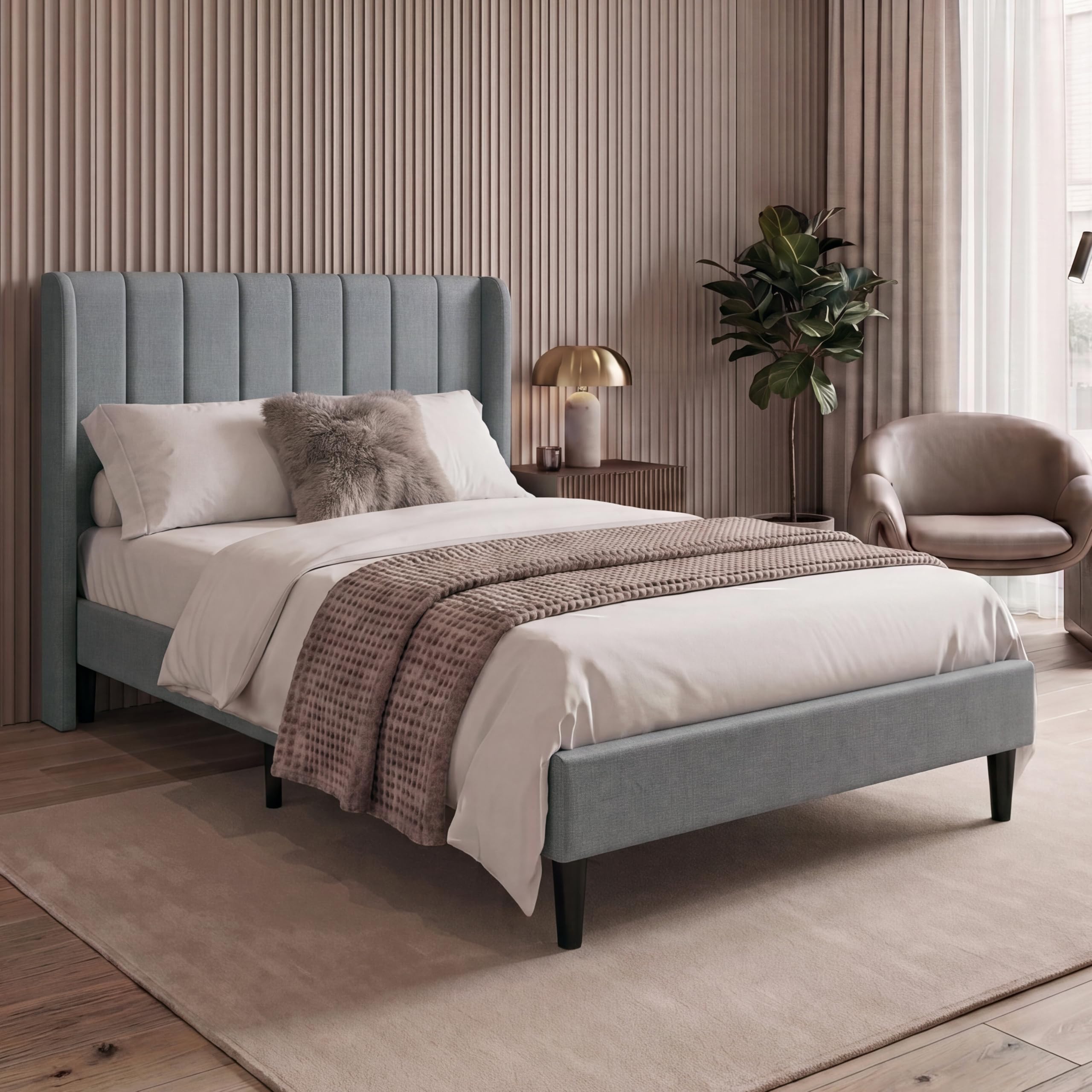 Vida Designs Vianna King Fabric Bed Frame | Light Grey Linen | 104H x 158.5W x 208D cm | Soft Cushioned Headboard | Underbed Storage | Slatted Base | Minimalist Style