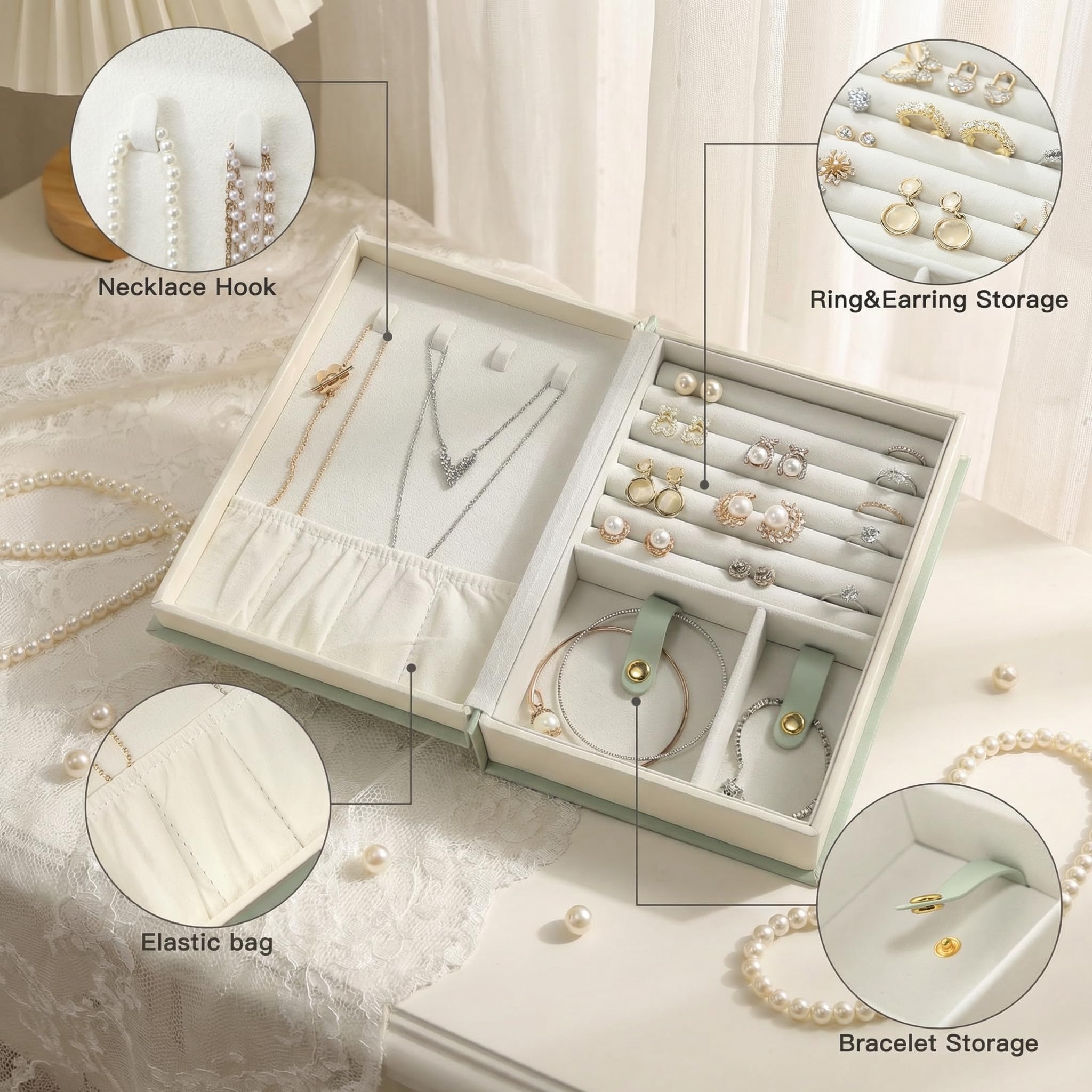 CASEGRACE Portagioie da viaggio, in velluto felpato, piccolo portagioie, organizer da viaggio, per anelli, collane, bracciali, orecchini, per donne e ragazze, verde
