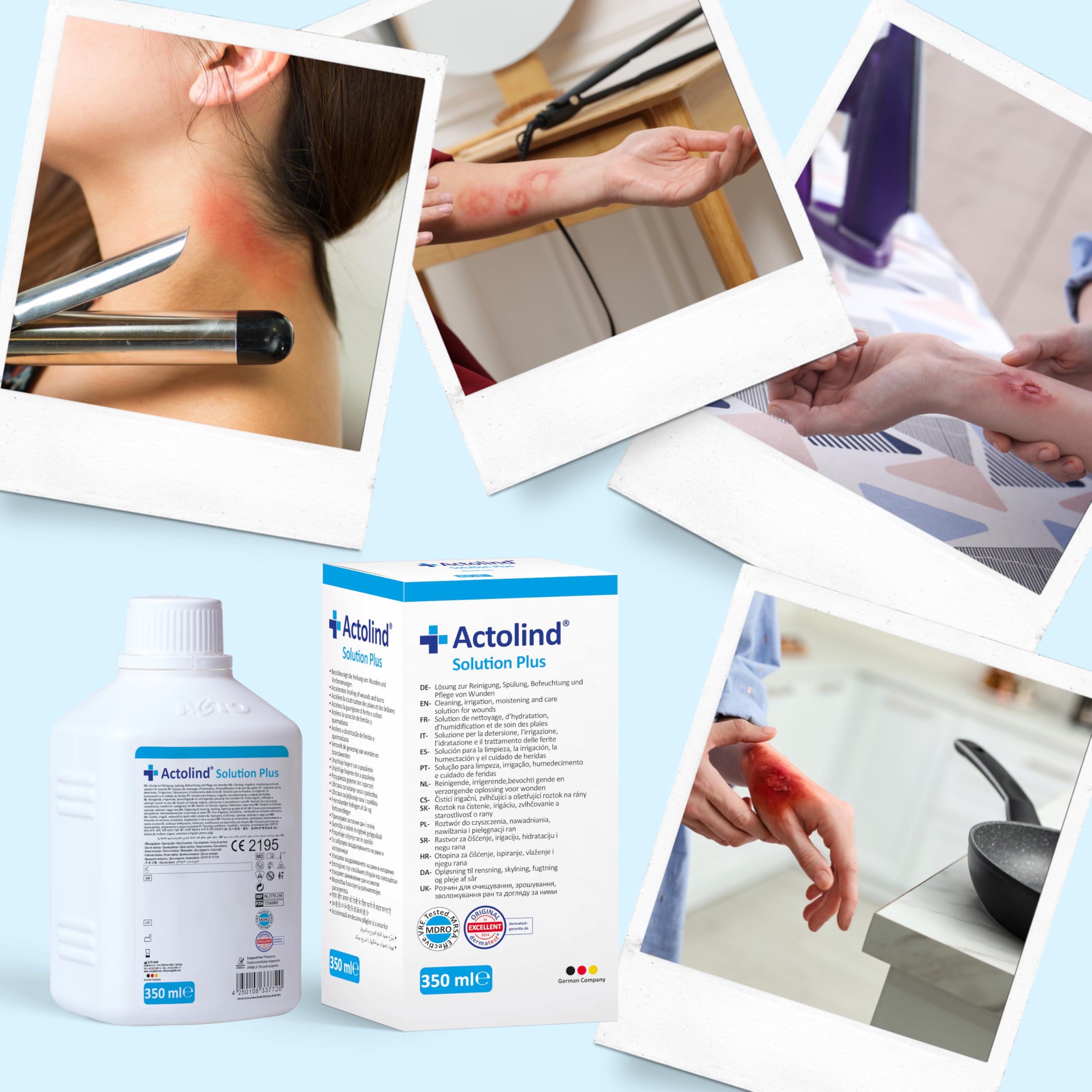 Actolind Solution Plus 350 ml – soluzione antisettica per irrigazione delle ferite. Pulizia e idratazione indolore di ferite acute, croniche, infette e ustioni. Classe CE III secondo MPG. Con PHMB.