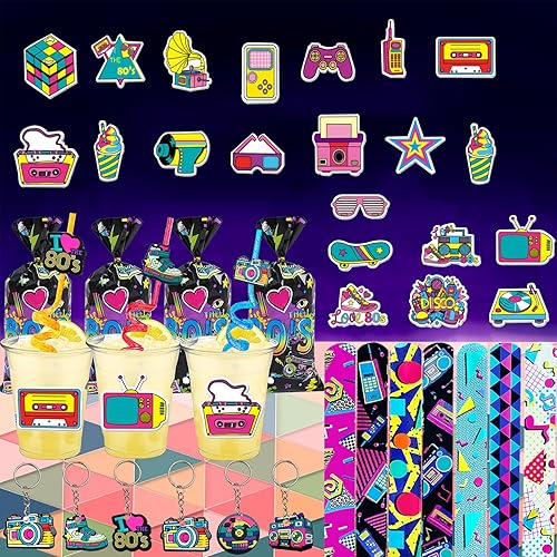 Miniatura 7 de Juego de 122 piezas de decoraciones de fiesta de los años 80, suministros de fiesta temática de los años 90, pulseras y llaveros para fiestas de