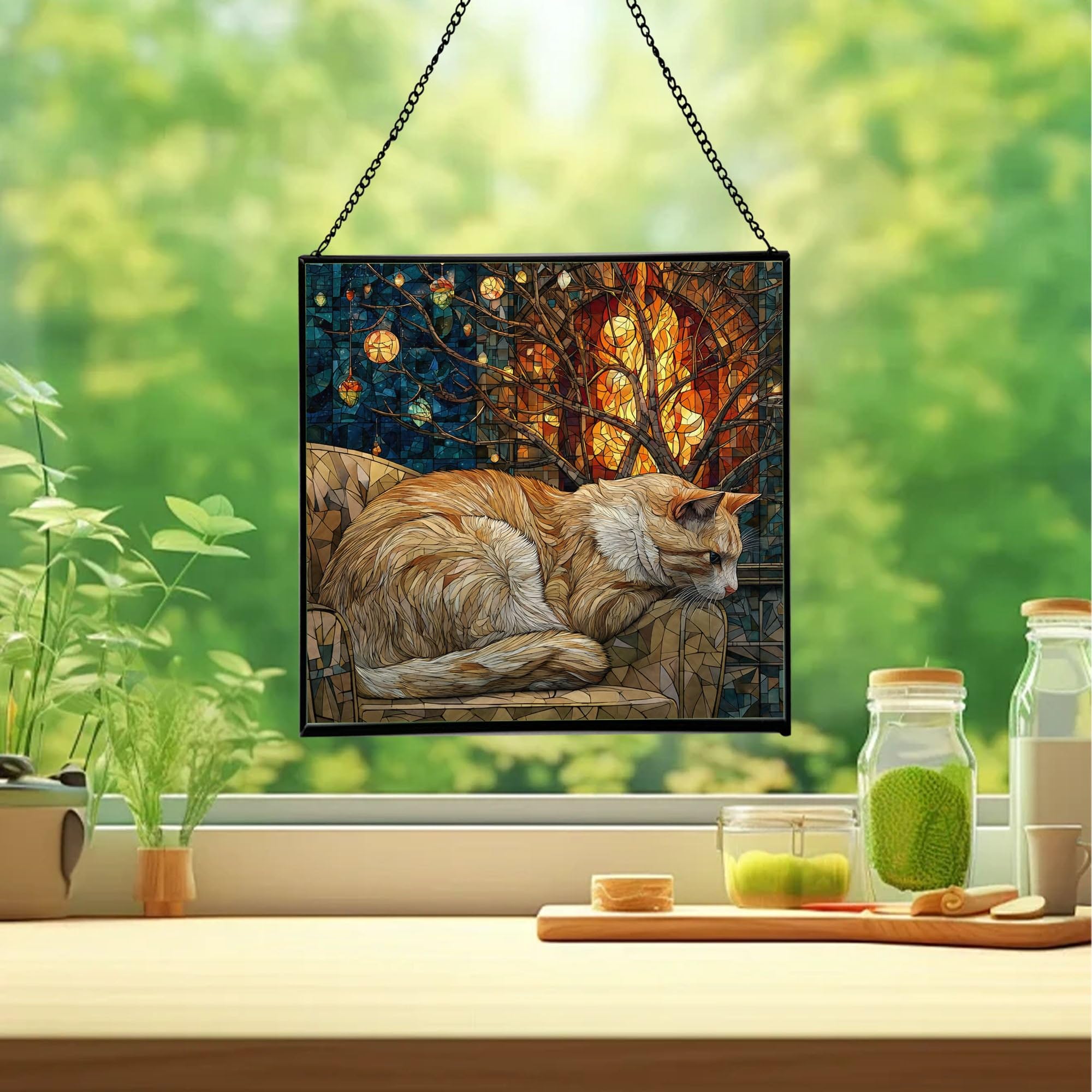 Napoleon Cat Christmas Stained Glass Suncatcher – Square Hanging Holiday Window Panel with Cozy Fireplace Scene – Winter Glass Art Decoration Gift for Animal Lovers, Pet Owners Zg5dHQ