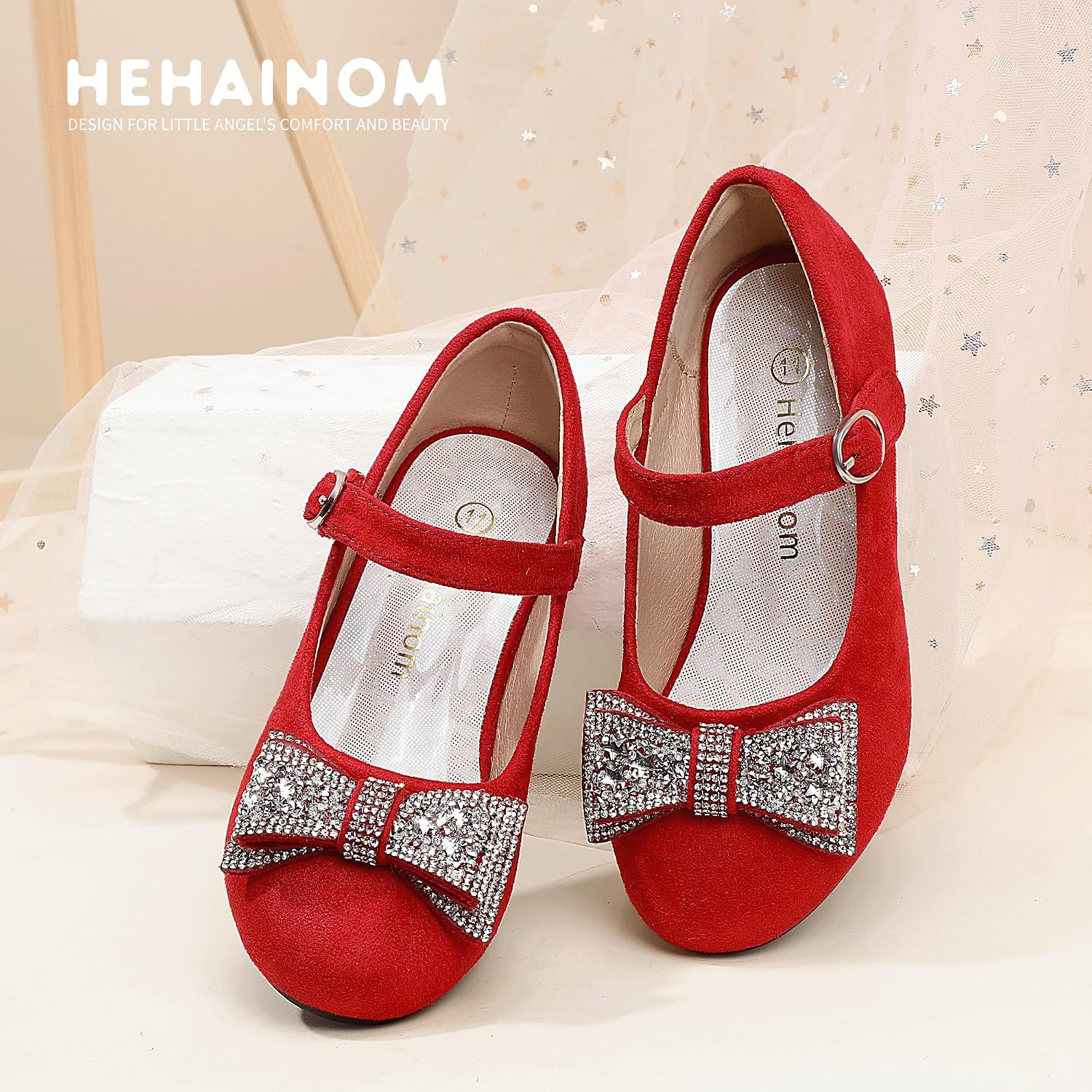 Hehainom Girls Mary Jane Dress Shoes Rhinestones Bows Flower Girl Wedding Princess Low Heels Toddler Little Kids Pump Shoes