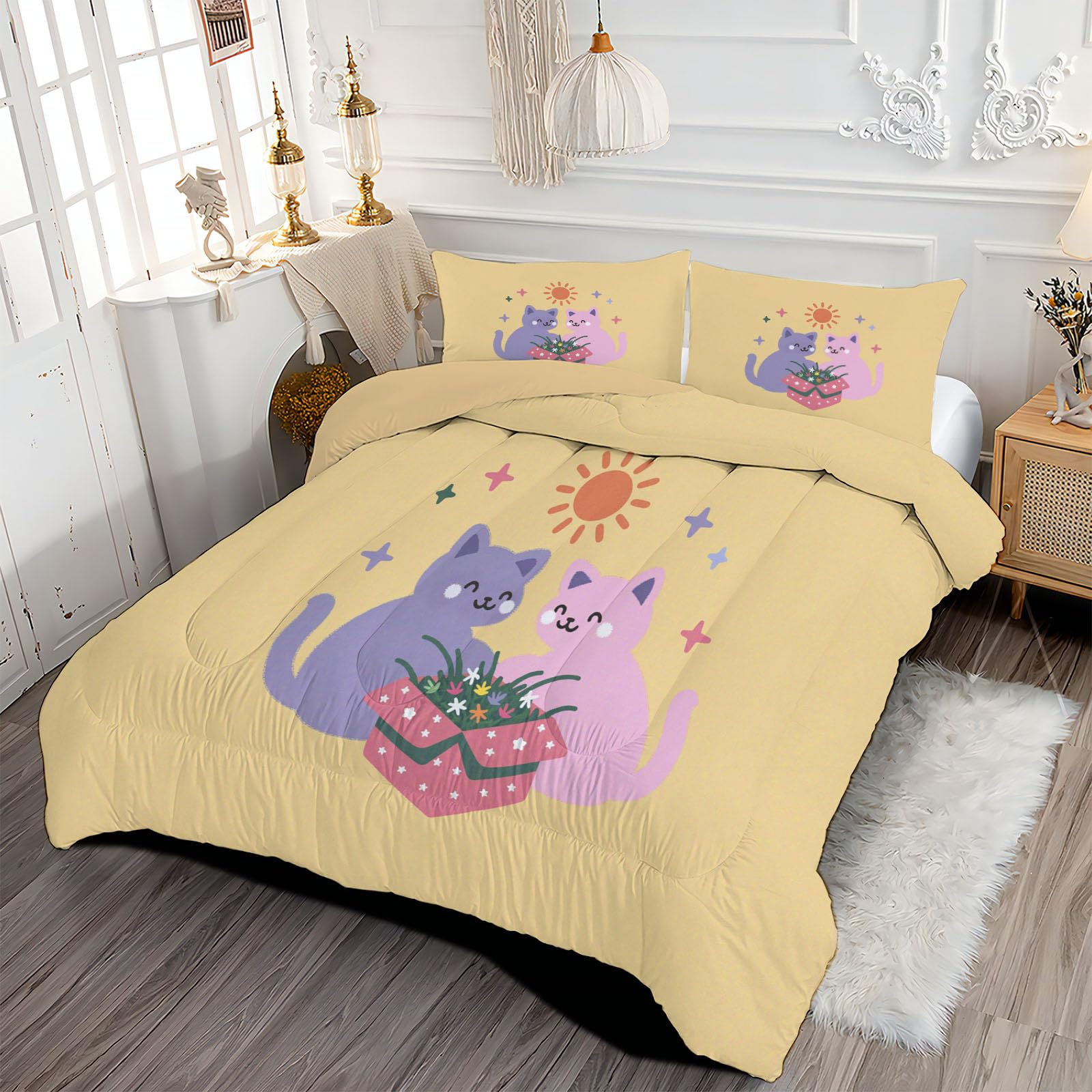 Trapunta Letto Singolo 4 Stagioni Piumone per Bambini, Semplice Gatto Sole Leggero Astratto Animali Set di Biancheria da Letto 140x200cm con 1 Federe,Piumino Lavabile In Lavatrice
