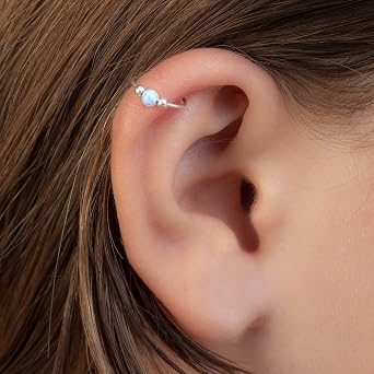 Lugasis FINE JEWELRY Silver Helix Hoop - Tiny 3mm White Opal Handmade 925 Sterling Silver Cartilage Earring - Thin 20 Guage Gold Piercing Hoop