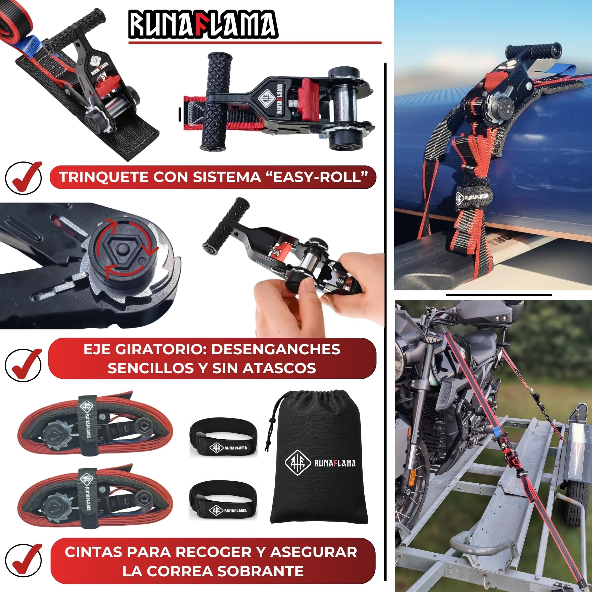 RUNAFLAMA - Cinchas de Amarre Carraca con Protección - Eslingas de Carga para Baca Coche, Surf, Kayak, Paddle - Trinchas de Sujeción a Portabicicletas - F. Rotura 1600 kgf/Cinta - 2 Correas de 3,5m — view 3