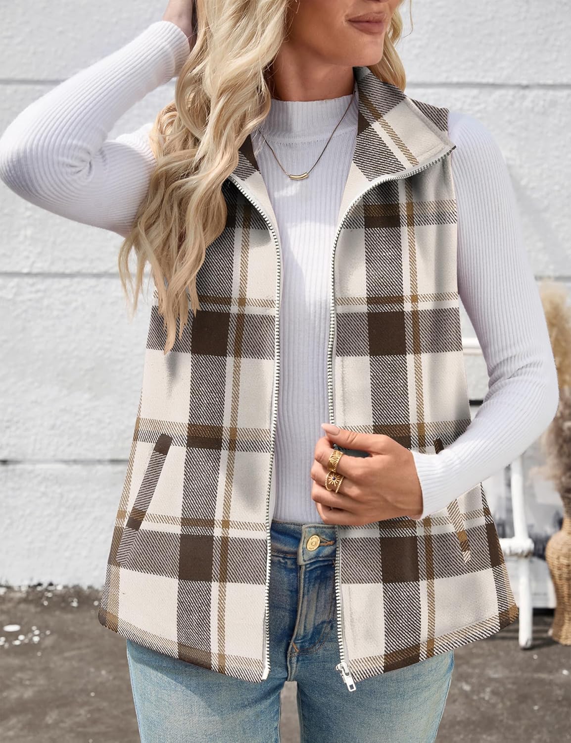 Rapbin Women's Plaid Outerwear Vests Tops Zip Up Collared Sleeveless Jacket with Pockects - Image 2