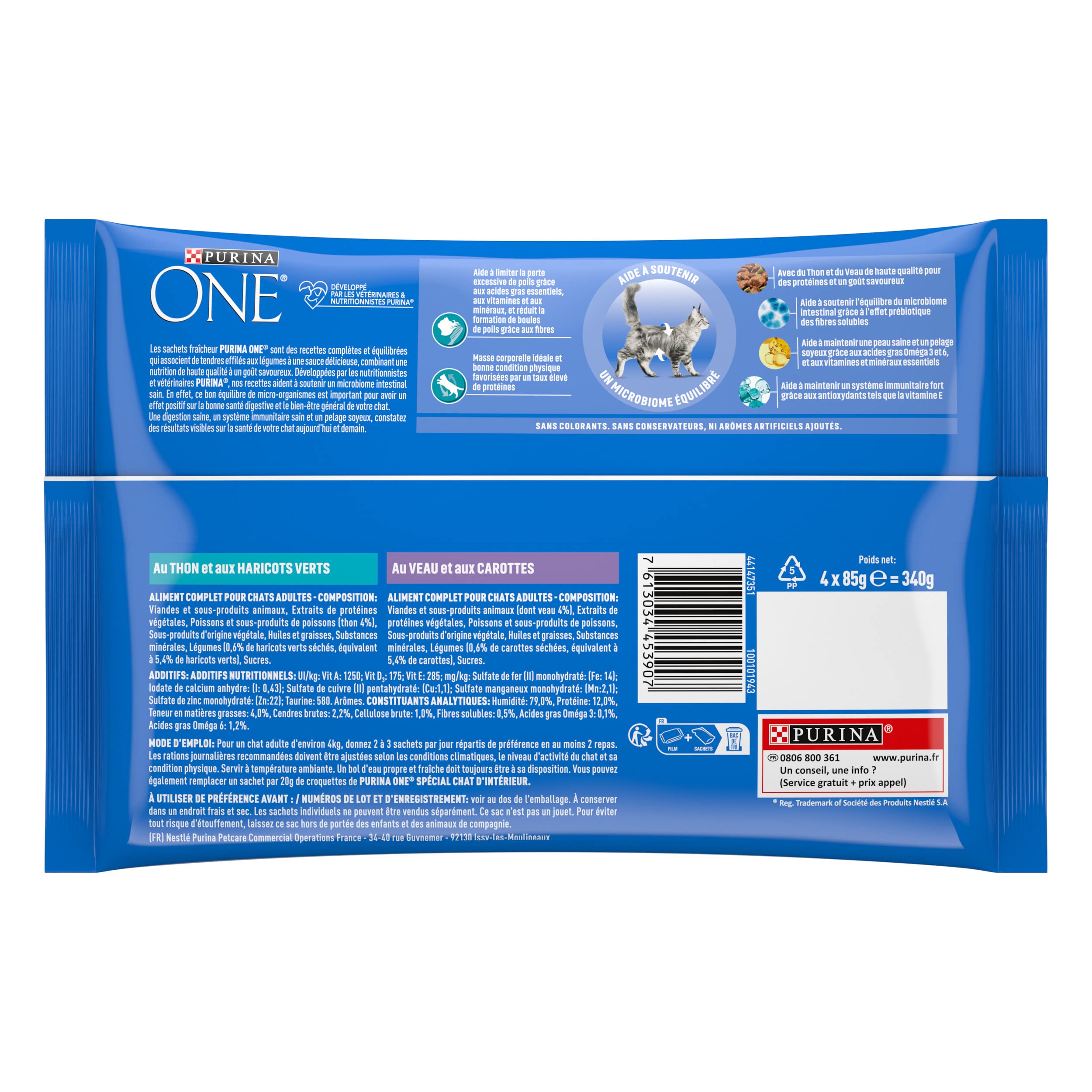 PURINA ONE | BIFENSIS | Spécial Chat Stérilisé d'Intérieur | Effilés en Sauce | Aide à contrôler le poids, et limiter la perte excessive de poils | Thon, Veau | Sachets Fraîcheur | Lot de 12 (4 x 85g)