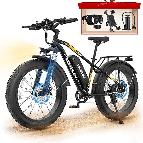 VARUN E Bikes for Men - Peak 750W /1000W Ebikes for Adults - Fat Tire EBike Up to 25MPH/28MPH 60+ Miles with 48V 13AH/15AH Removable Battery - 26" Electric Mountain Bike,7-Speed, Lockable Suspension