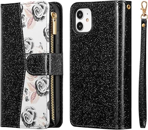Miniatura 7 de UEEBAI Funda tipo cartera para iPhone 11 de 6.1 pulgadas, piel sintética con cierre magnético, funda de bolsillo con cremallera, ranuras para