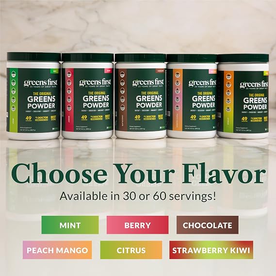 Greens First Original Greens Powder - 49 Superfoods - Organic Fruits & Veggies - Prebiotics, Probiotics & Digestive Enzymes - Antioxidant Smoothie - Dairy Free, Vegan & Non-GMO - Berry - 30 Servings