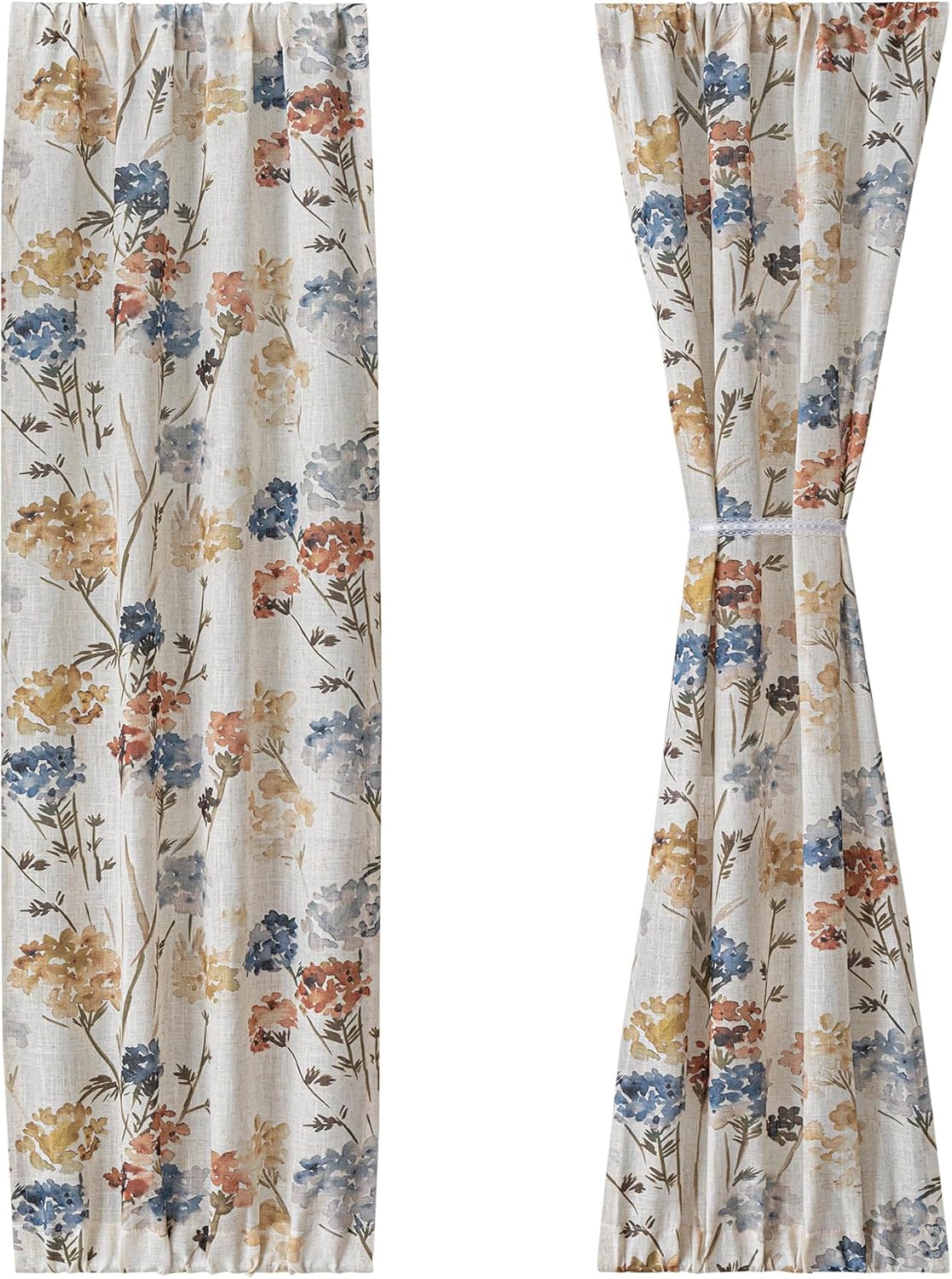 MYSKY HOME Floral Linen French Door Curtains 72 inch Long 2 Panels for Front Door - Light Filtering Privacy Semi Sheer Window Curtains with Rod Pocket, Yellow, 24" W x 72" L