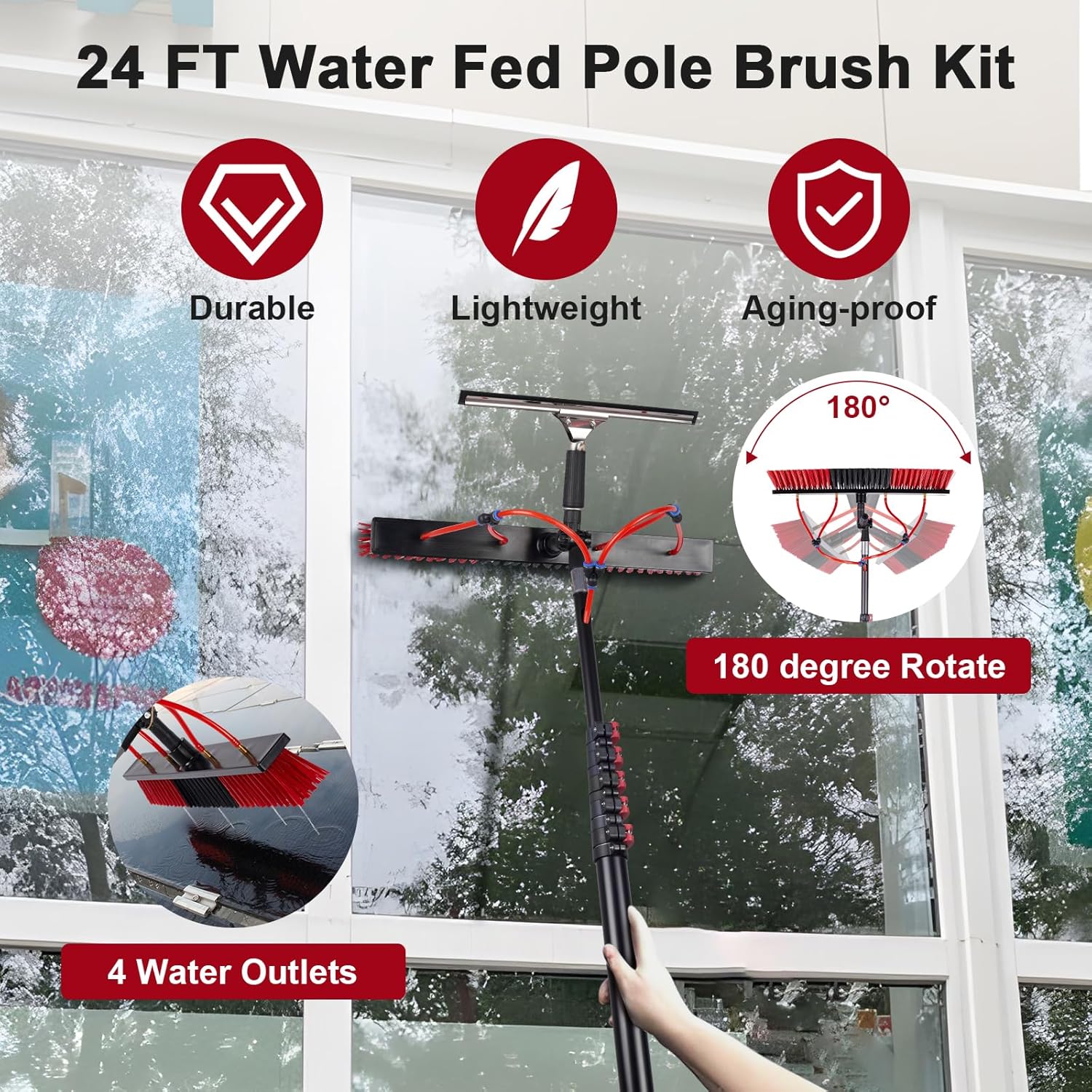 24FT Solar Panel Cleaning Brush & Squeegee Kit, Proffesional Window Washing Tool, 22in Wide Brush & 2 Dusting Brush, Water Fed Pole, Extendable Telescopic Pole for Roof Mounted Solar Panels