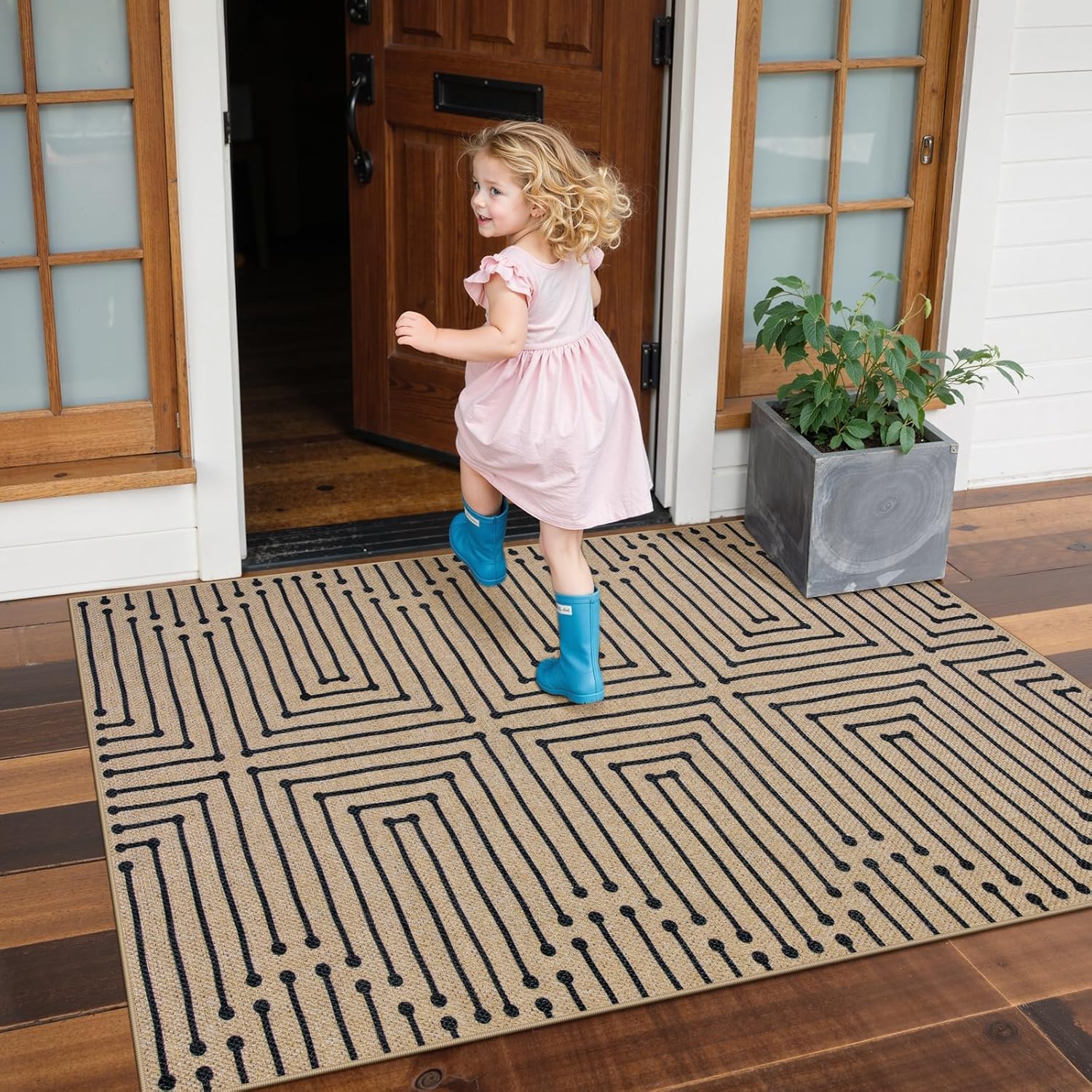 Lahome Boho 3x5 Washable Rugs for Entry, Easy Jute Indoor Outdoor Porch Rugs, Maze Lines Modern Throw Rug Non Slip Stain Resistant Door Mat for Bedroom Living Room Deck - Image 2